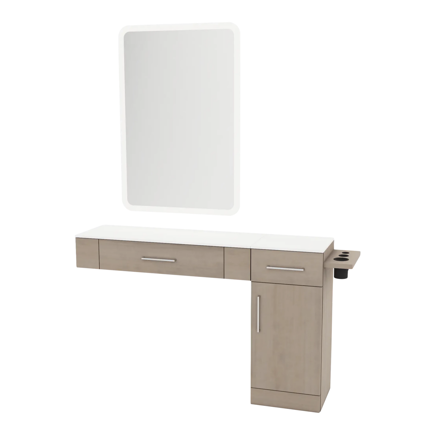 Nova Combo Wall Mount Styling Station with Side-Mount Appliance Holder, Solid Surface Countertop, and White Rectangle Illuminate Back Lit Mirror - Kaemark