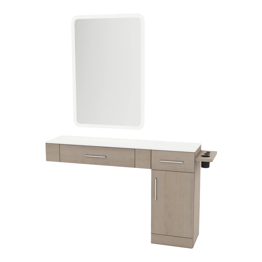 Nova Combo Wall Mount Styling Station with Side-Mount Appliance Holder, Solid Surface Countertop, and White Rectangle Illuminate Back Lit Mirror - Kaemark