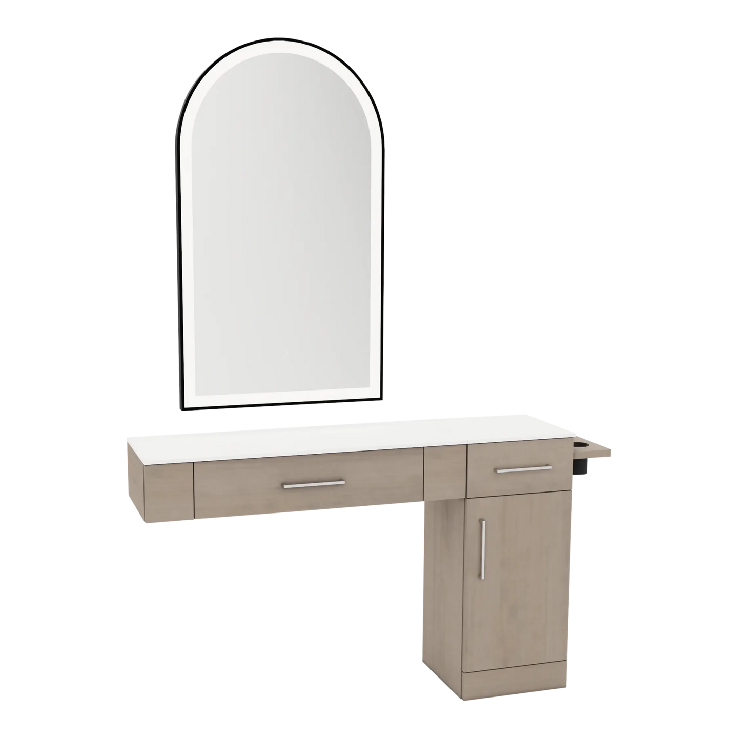 Nova Combo Wall Mount Styling Station with Side-Mount Appliance Holder, Solid Surface Countertop, and Black Arch Paloma Mirror - Kaemark