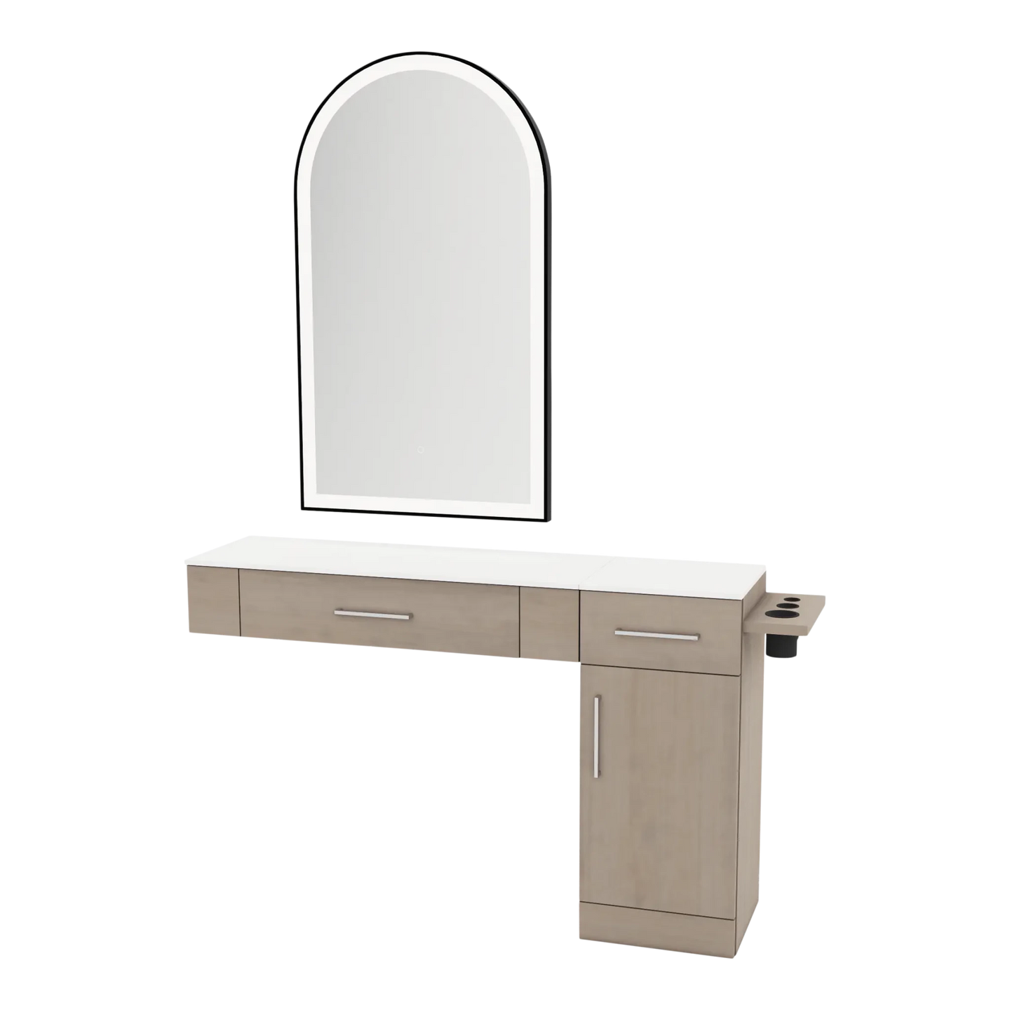 Nova Combo Wall Mount Styling Station with Side-Mount Appliance Holder, Solid Surface Countertop, and Black Arch Paloma Mirror - Kaemark