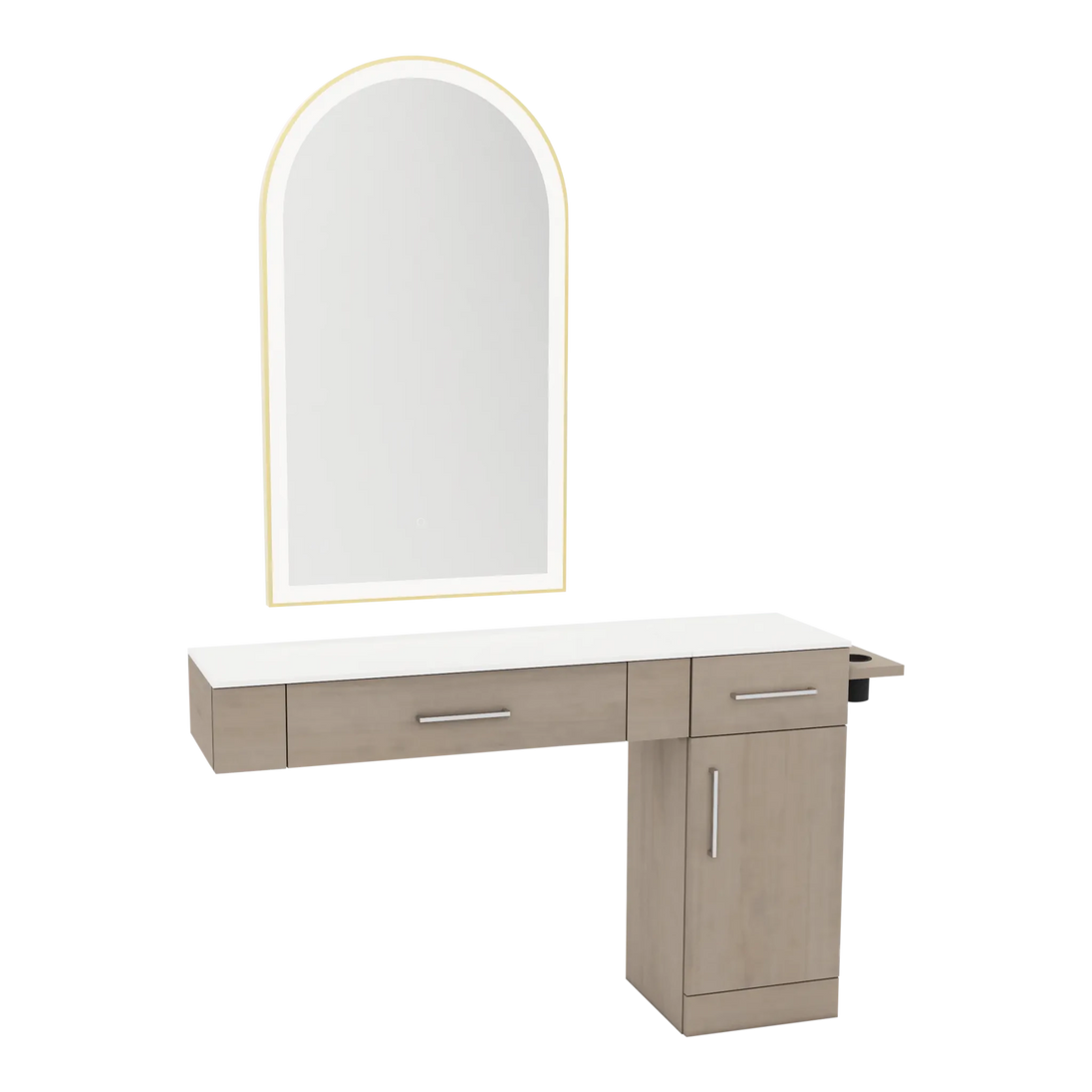 Nova Combo Wall Mount Styling Station with Side-Mount Appliance Holder, Solid Surface Countertop, and Gold Arch Paloma Mirror - Kaemark