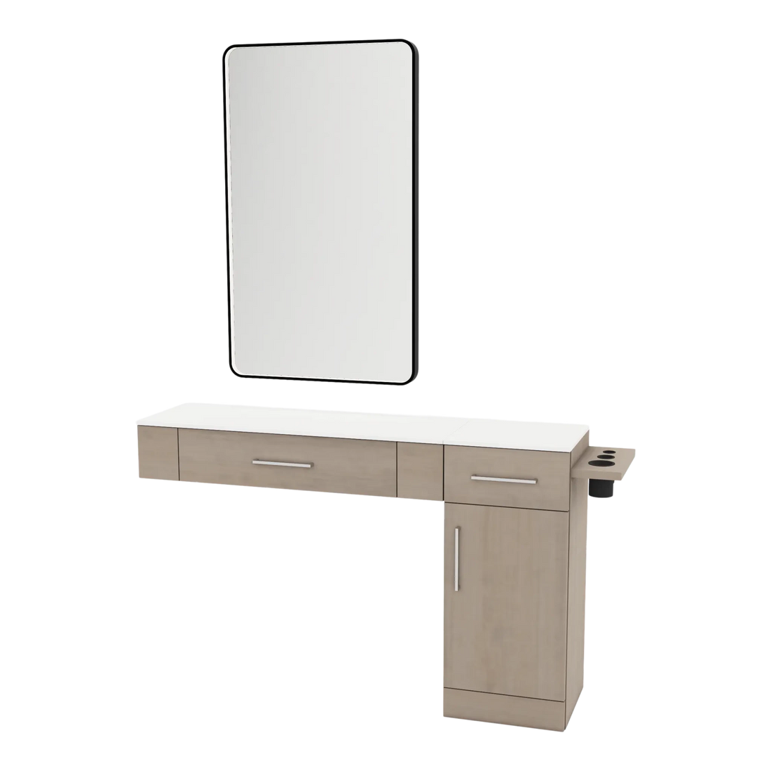 Nova Combo Wall Mount Styling Station with Side-Mount Appliance Holder, Solid Surface Countertop, and Black Rectangle Westin Mirror - Kaemark