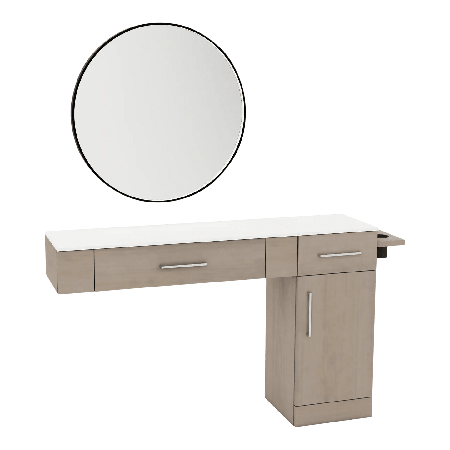 Nova Combo Wall Mount Styling Station with Side-Mount Appliance Holder, Solid Surface Countertop, and Black Round Westin Mirror - Kaemark