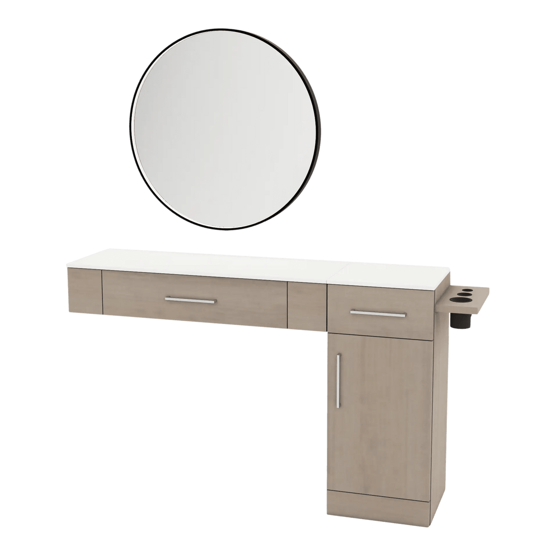 Nova Combo Wall Mount Styling Station with Side-Mount Appliance Holder, Solid Surface Countertop, and Black Round Westin Mirror - Kaemark