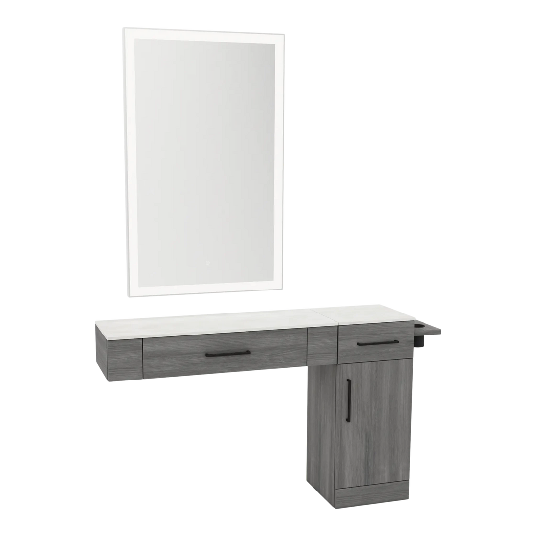 Nova Combo Wall Mount Styling Station with Side-Mount Appliance Holder, Solid Surface Countertop, and Silver Rectangle Glo Mirror - Kaemark