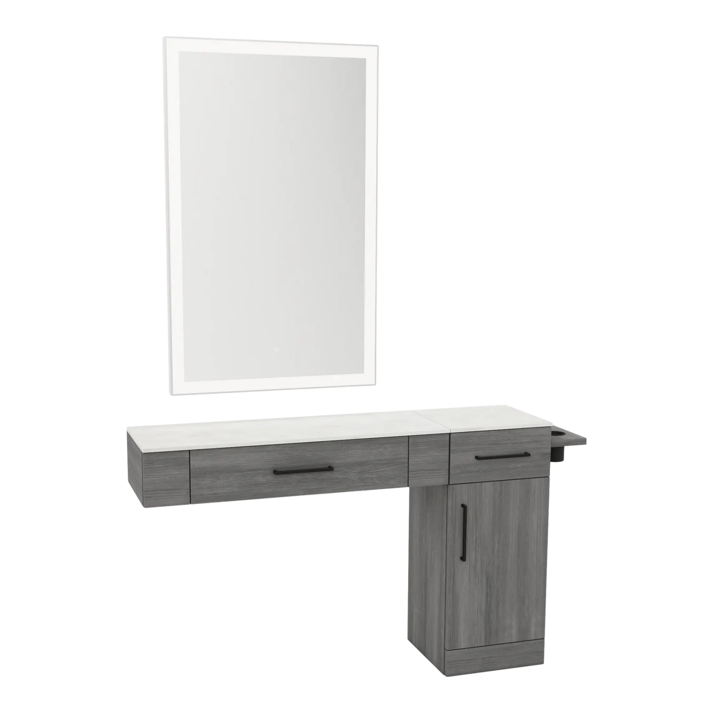 Nova Combo Wall Mount Styling Station with Side-Mount Appliance Holder, Solid Surface Countertop, and Silver Rectangle Glo Mirror - Kaemark