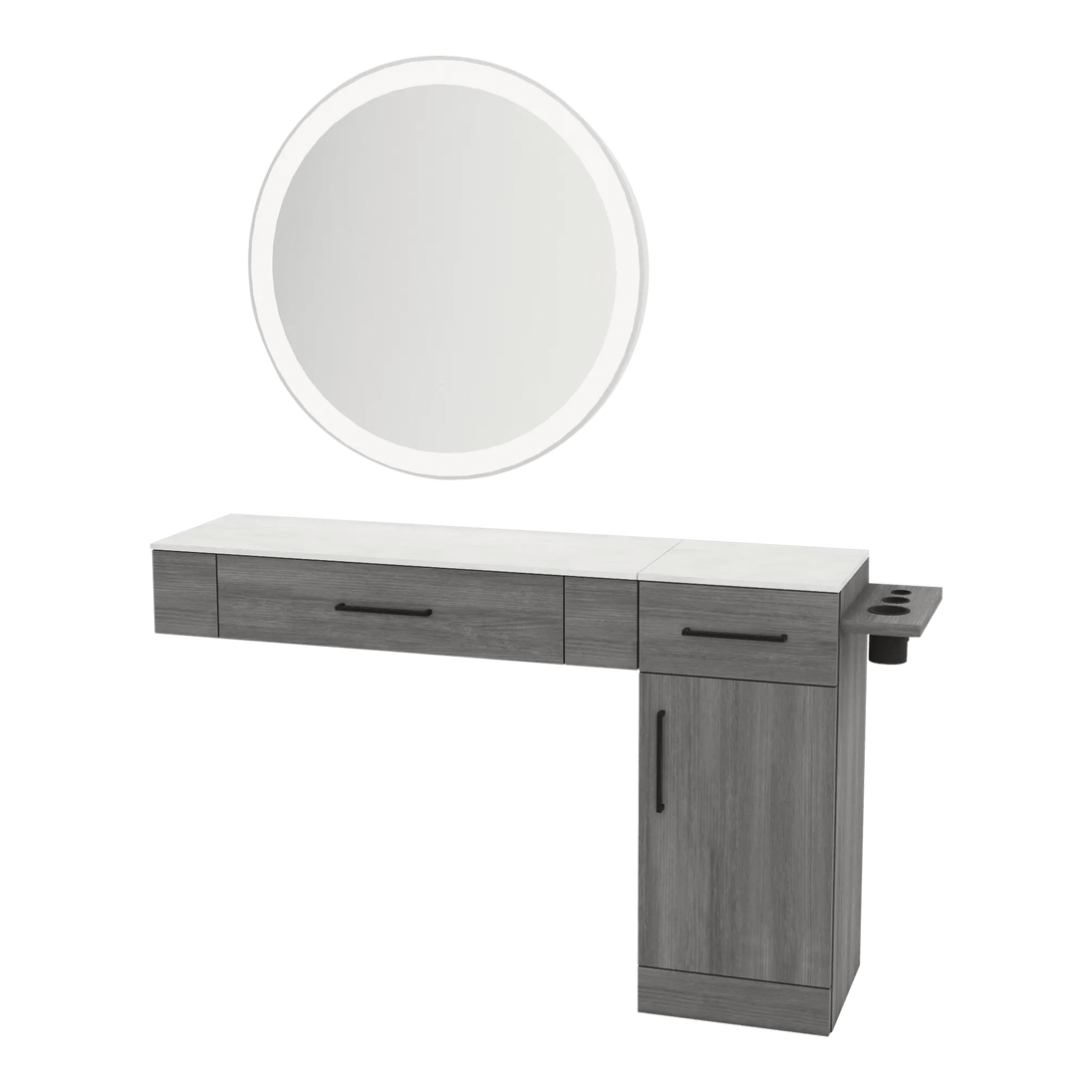 Nova Combo Wall Mount Styling Station with Side-Mount Appliance Holder, Solid Surface Countertop, and Silver Round Glo Mirror - Kaemark