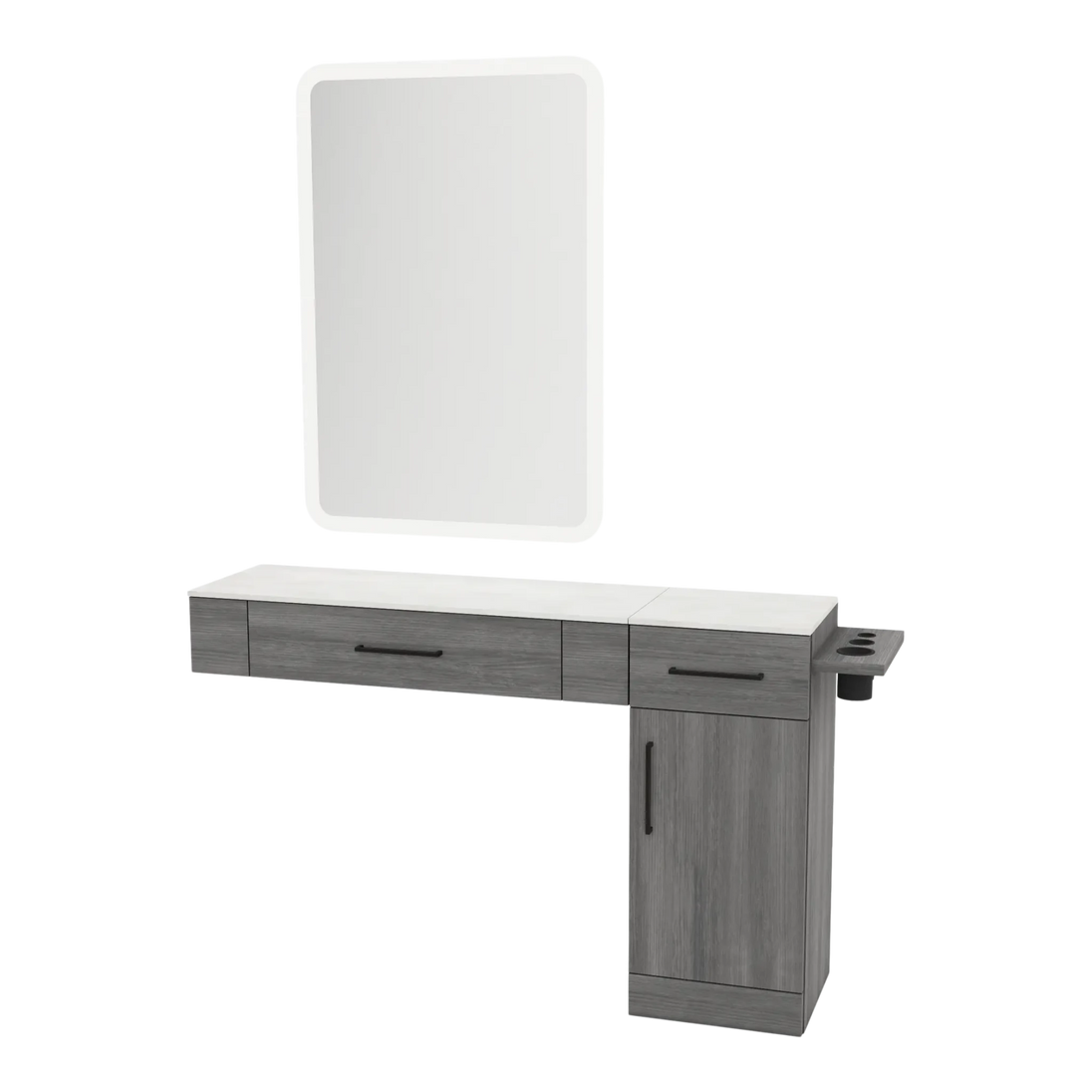 Nova Combo Wall Mount Styling Station with Side-Mount Appliance Holder, Solid Surface Countertop, and White Rectangle Illuminate Back Lit Mirror - Kaemark