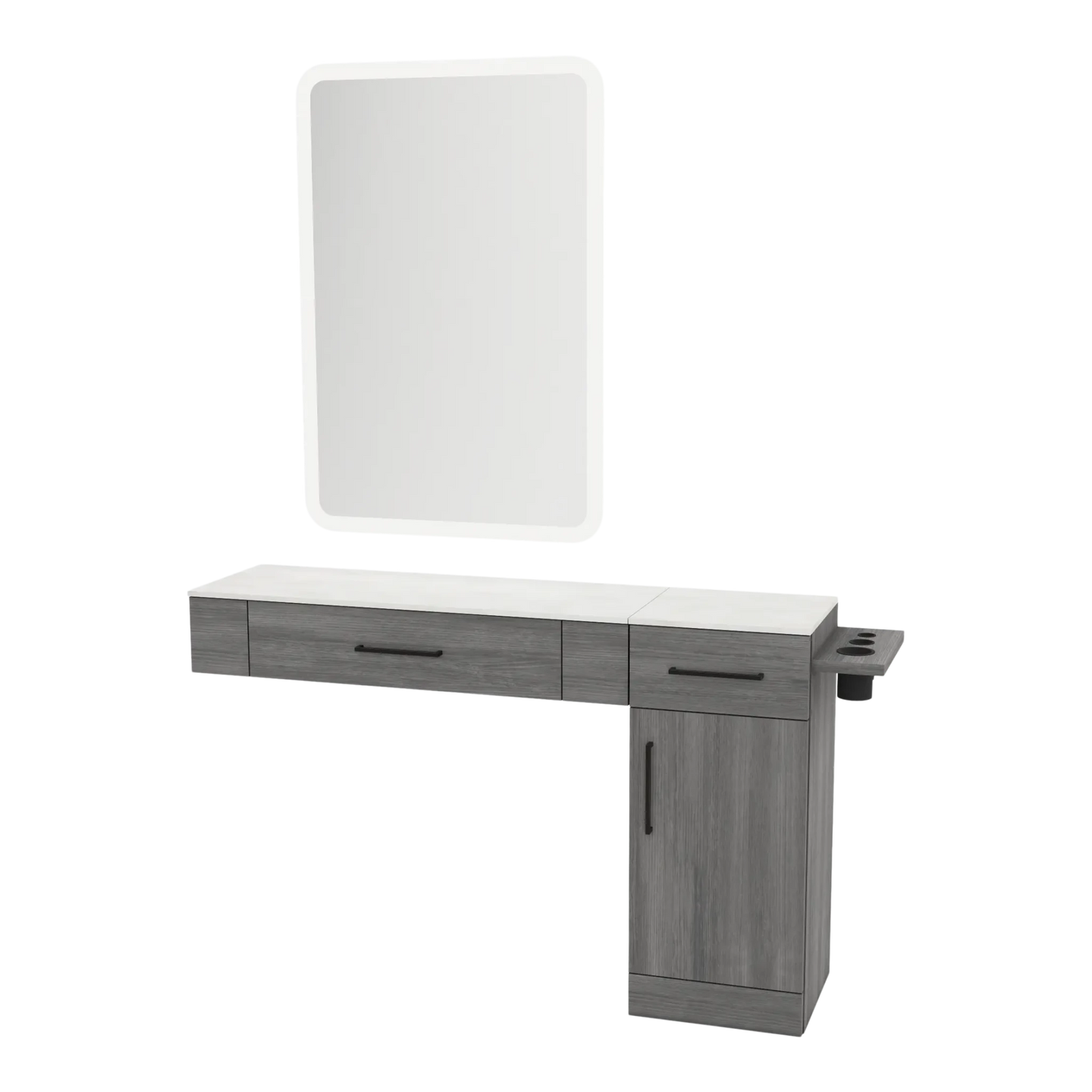 Nova Combo Wall Mount Styling Station with Side-Mount Appliance Holder, Solid Surface Countertop, and White Rectangle Illuminate Back Lit Mirror - Kaemark