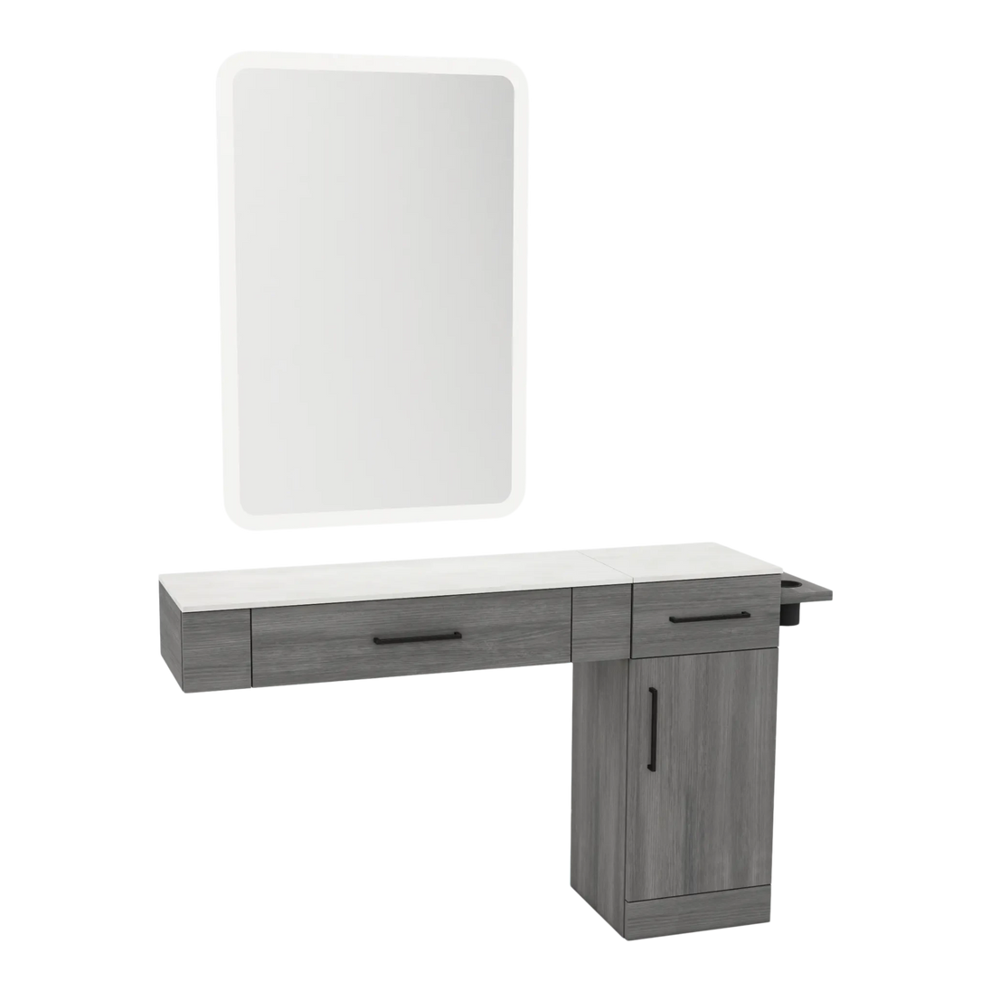 Nova Combo Wall Mount Styling Station with Side-Mount Appliance Holder, Solid Surface Countertop, and White Rectangle Illuminate Back Lit Mirror - Kaemark
