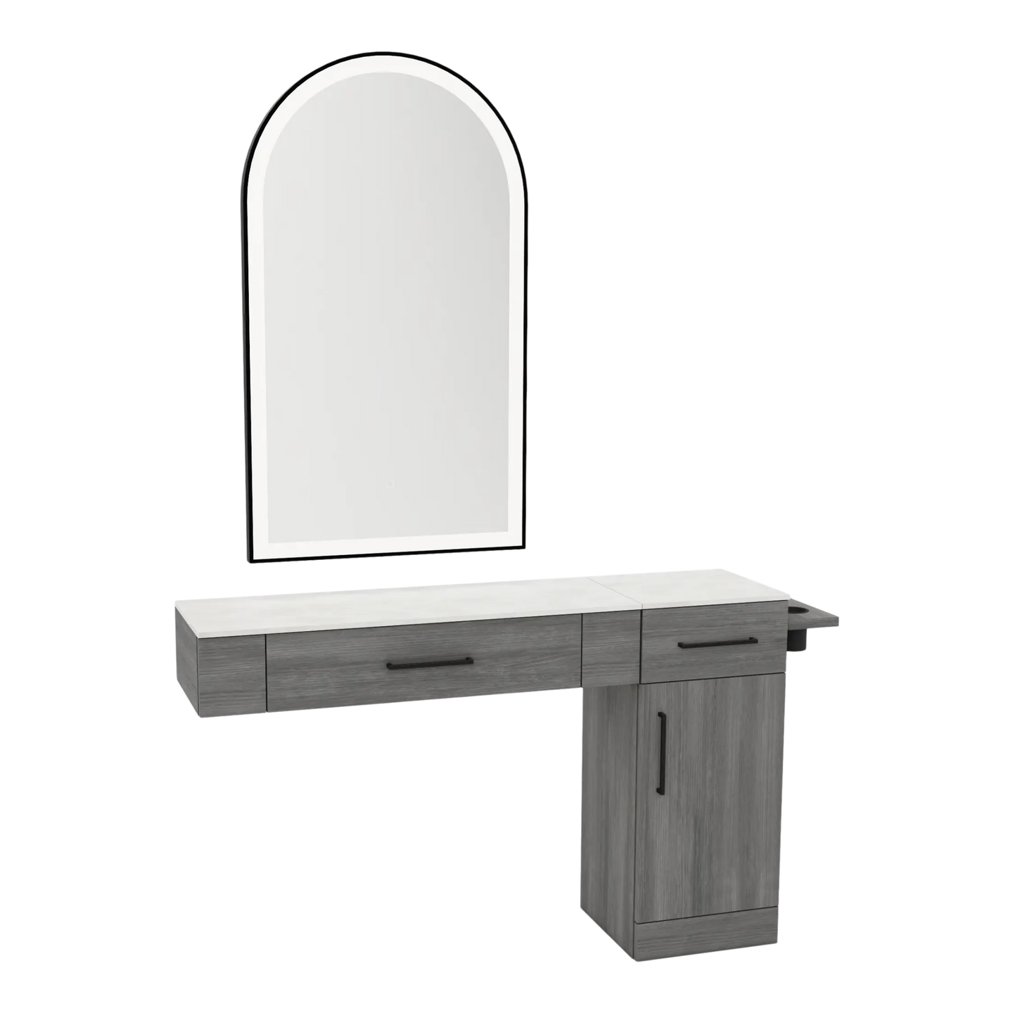 Nova Combo Wall Mount Styling Station with Side-Mount Appliance Holder, Solid Surface Countertop, and Black Arch Paloma Mirror - Kaemark