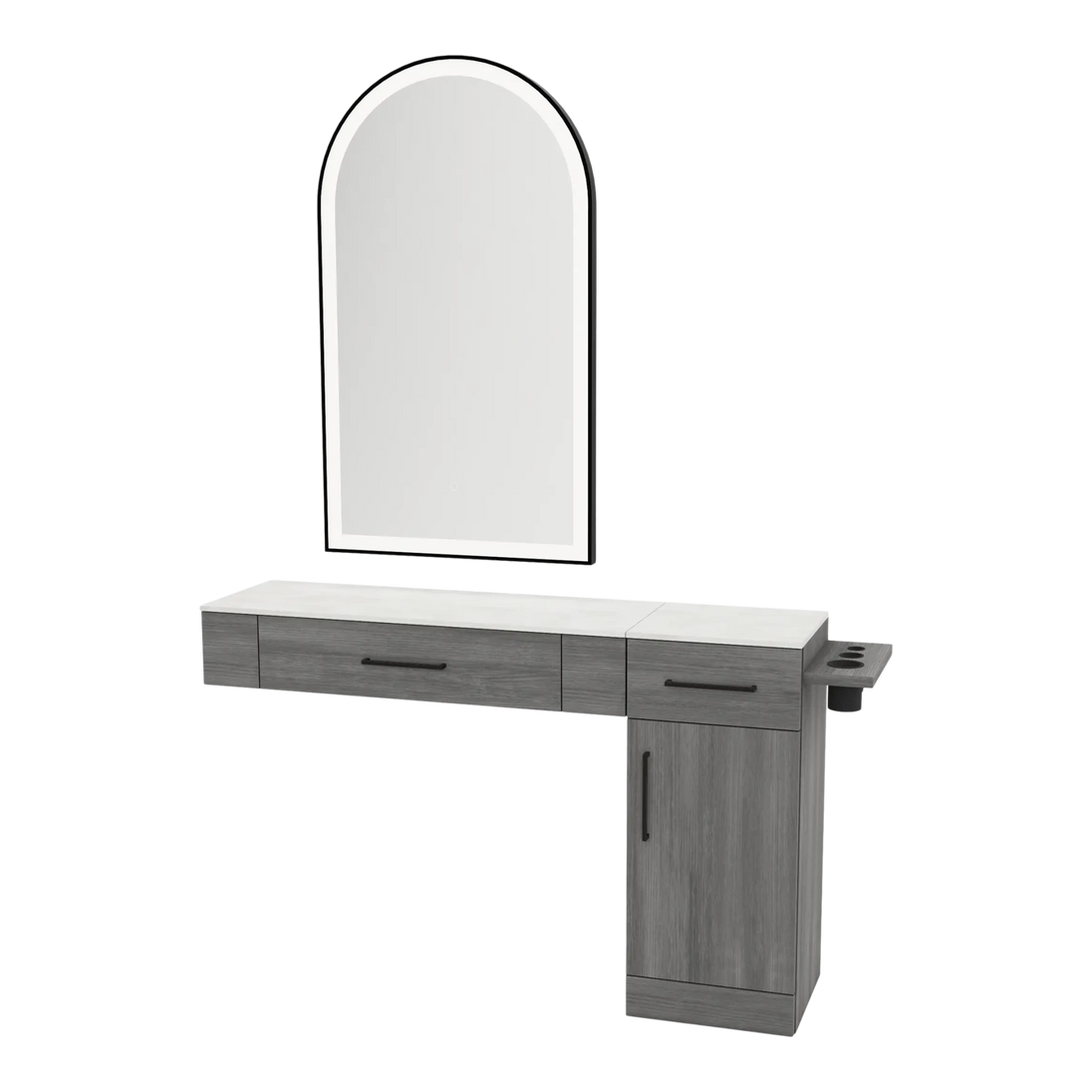 Nova Combo Wall Mount Styling Station with Side-Mount Appliance Holder, Solid Surface Countertop, and Black Arch Paloma Mirror - Kaemark