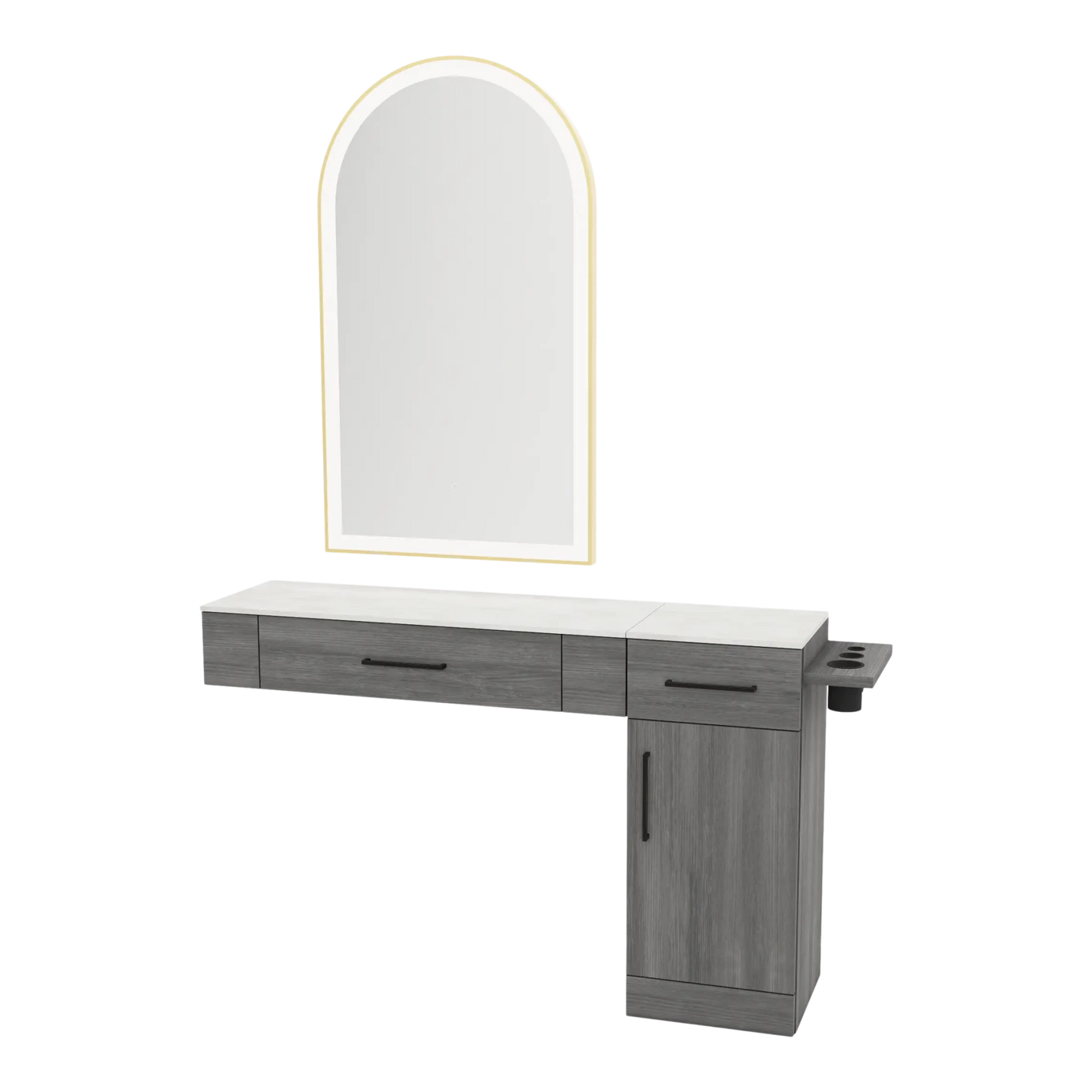Nova Combo Wall Mount Styling Station with Side-Mount Appliance Holder, Solid Surface Countertop, and Gold Arch Paloma Mirror - Kaemark