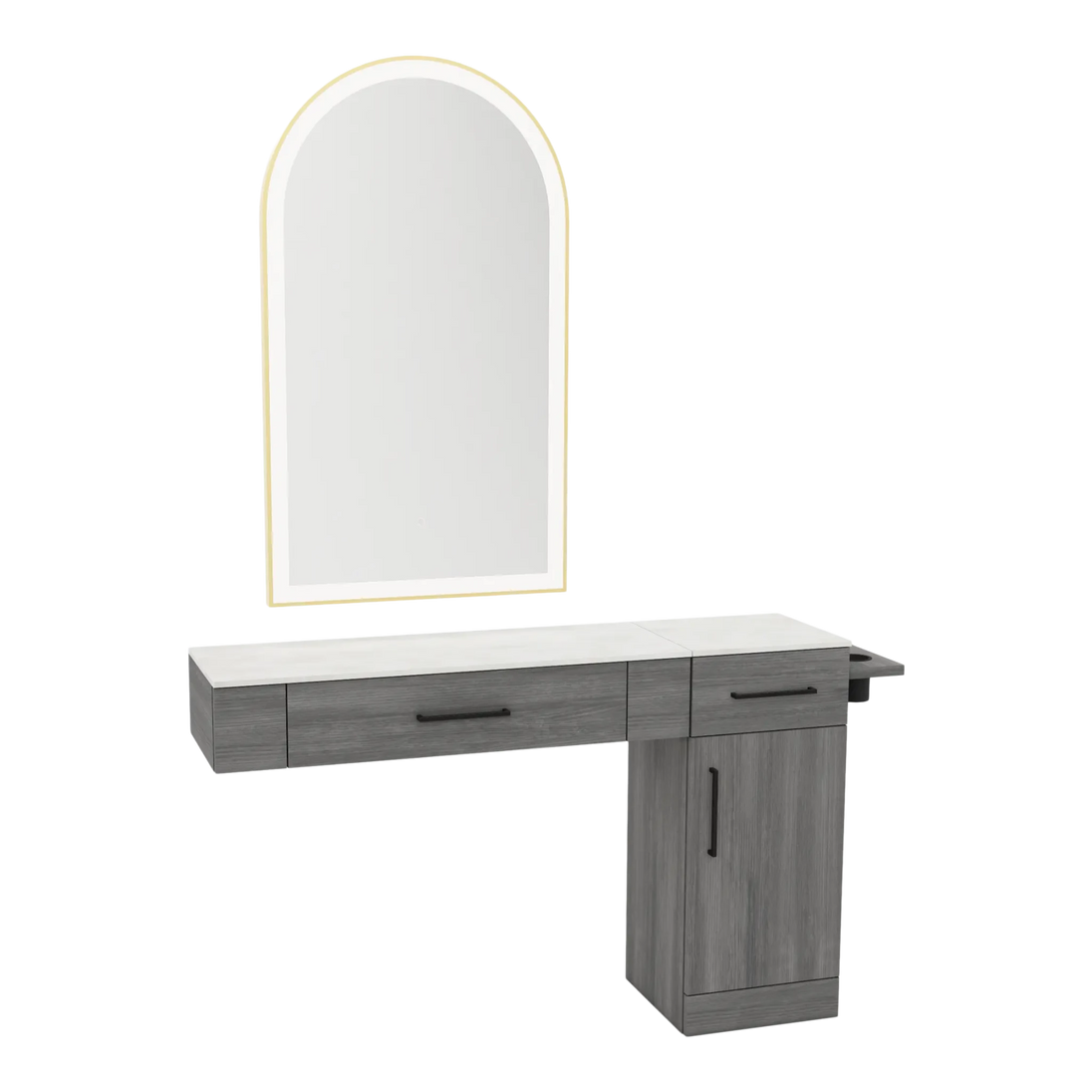 Nova Combo Wall Mount Styling Station with Side-Mount Appliance Holder, Solid Surface Countertop, and Gold Arch Paloma Mirror - Kaemark