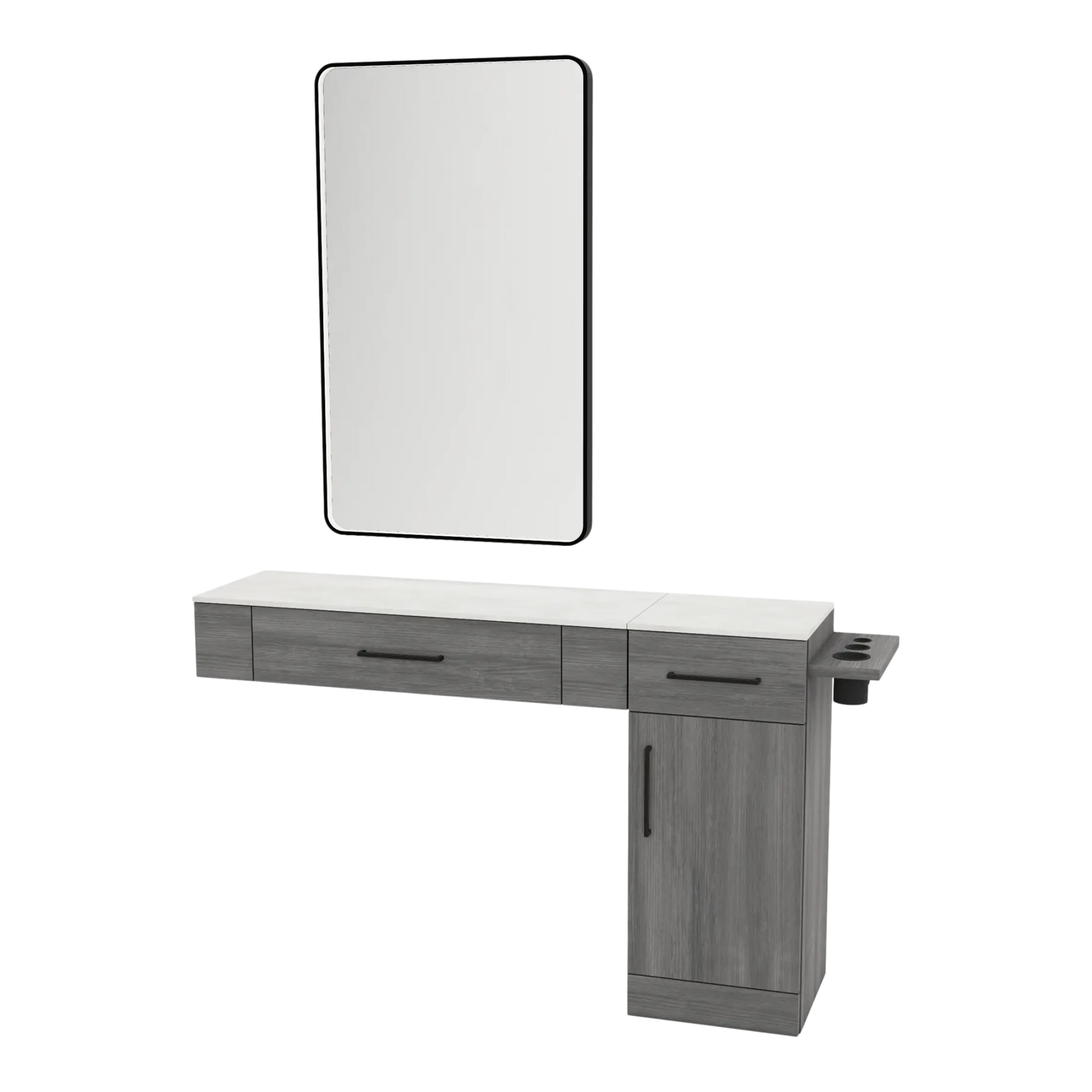 Nova Combo Wall Mount Styling Station with Side-Mount Appliance Holder, Solid Surface Countertop, and Black Rectangle Westin Mirror - Kaemark