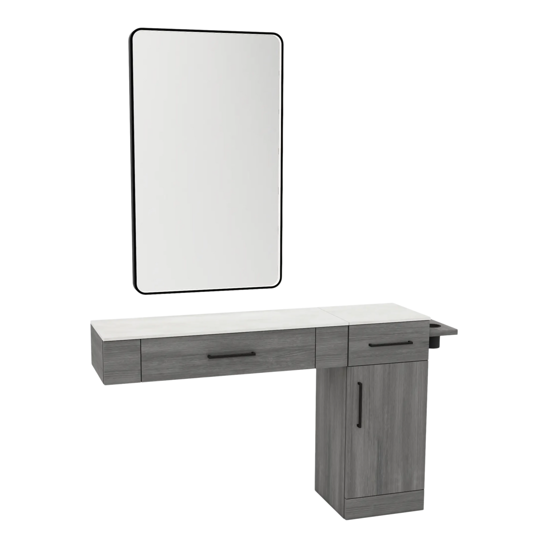 Nova Combo Wall Mount Styling Station with Side-Mount Appliance Holder, Solid Surface Countertop, and Black Rectangle Westin Mirror - Kaemark