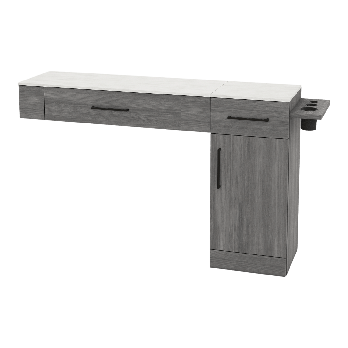 Nova Combo Wall Mount Styling Station with Side-Mount Appliance Holder and Solid Surface Countertop (Cabinet Only) - Kaemark
