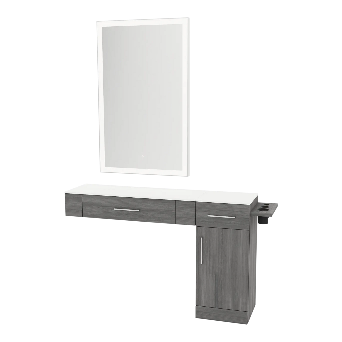Nova Combo Wall Mount Styling Station with Side-Mount Appliance Holder, Solid Surface Countertop, and Silver Rectangle Glo Mirror - Kaemark