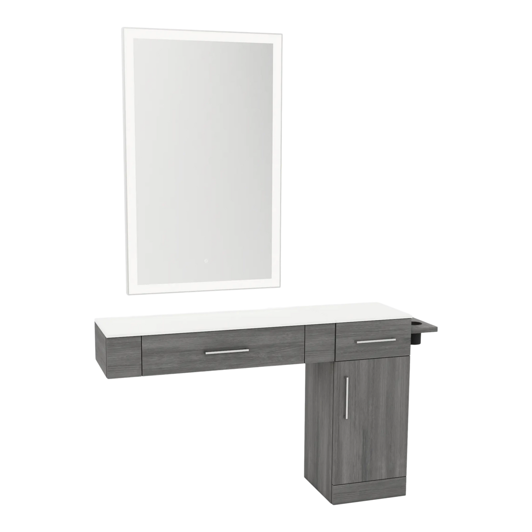 Nova Combo Wall Mount Styling Station with Side-Mount Appliance Holder, Solid Surface Countertop, and Silver Rectangle Glo Mirror - Kaemark