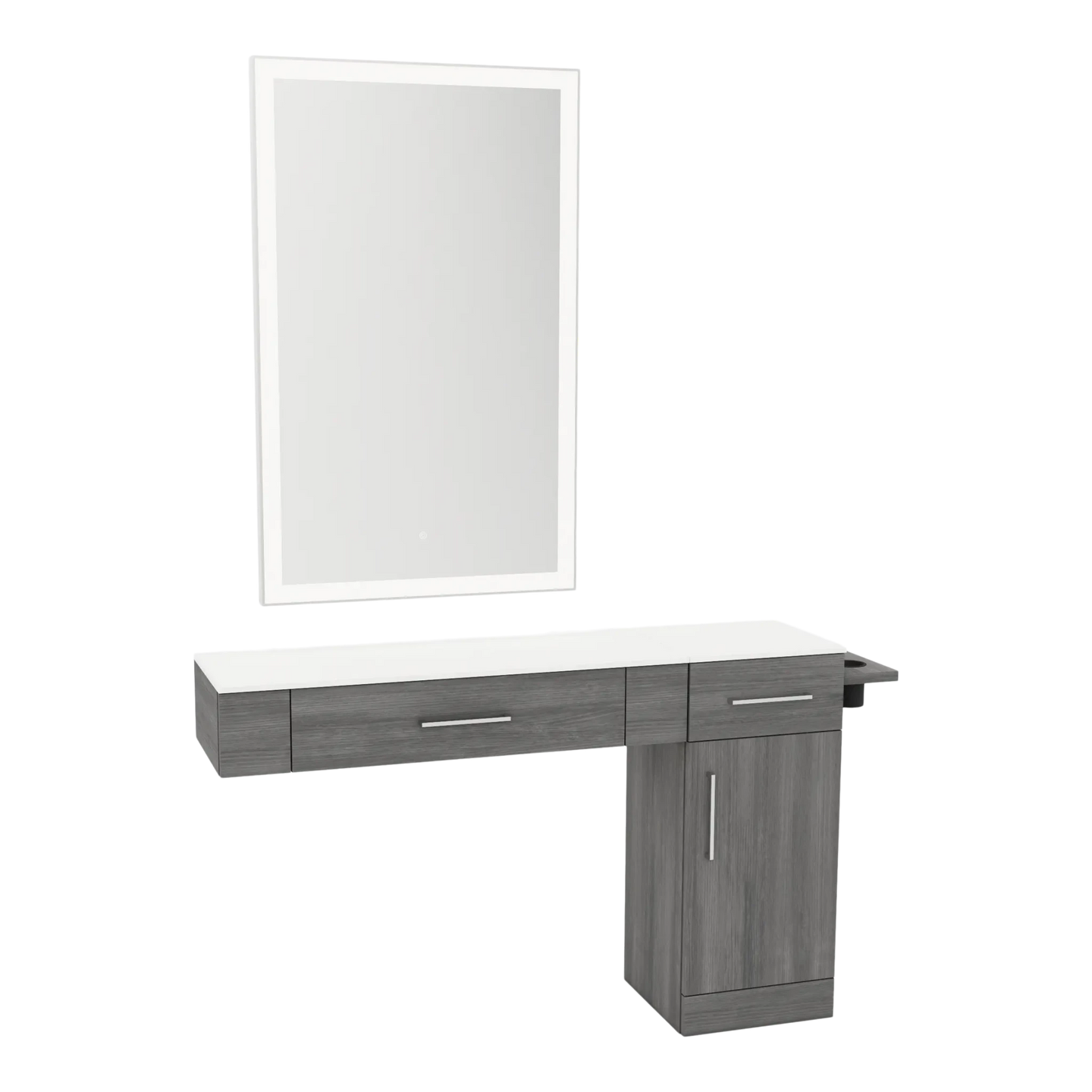 Nova Combo Wall Mount Styling Station with Side-Mount Appliance Holder, Solid Surface Countertop, and Silver Rectangle Glo Mirror - Kaemark