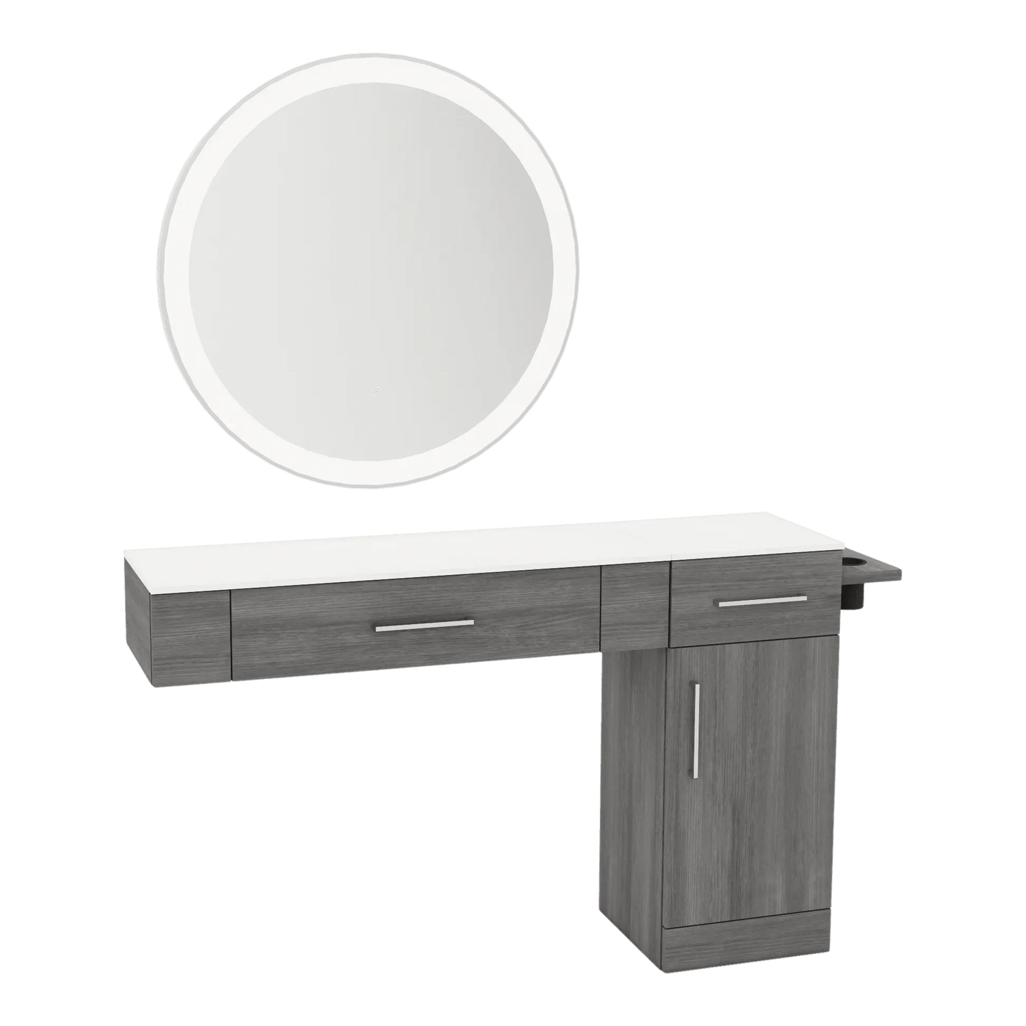 Nova Combo Wall Mount Styling Station with Side-Mount Appliance Holder, Solid Surface Countertop, and Silver Round Glo Mirror - Kaemark