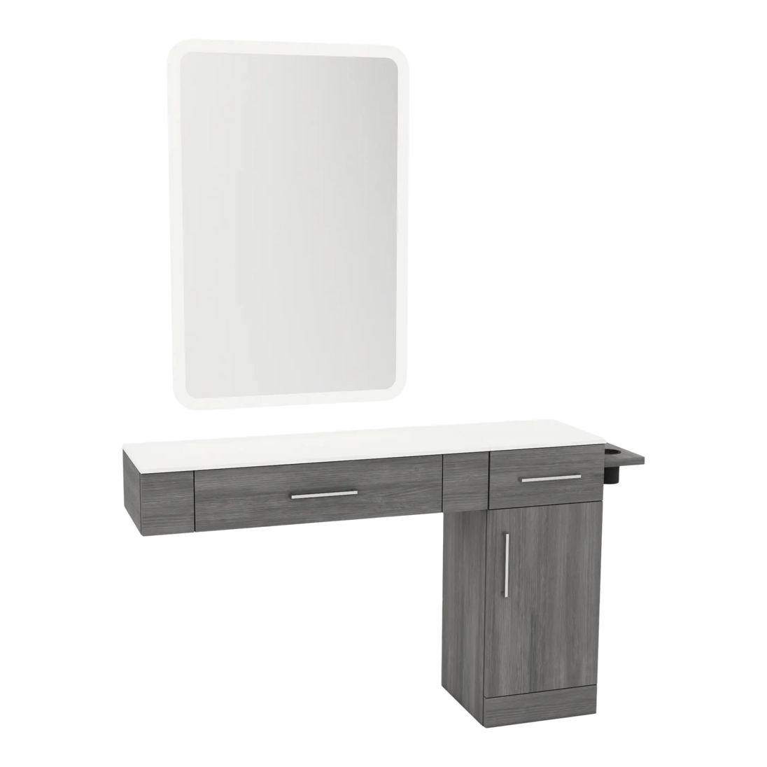 Nova Combo Wall Mount Styling Station with Side-Mount Appliance Holder, Solid Surface Countertop, and White Rectangle Illuminate Back Lit Mirror - Kaemark