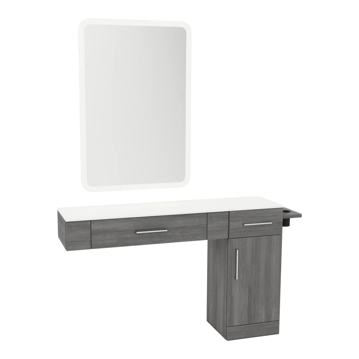 Nova Combo Wall Mount Styling Station with Side-Mount Appliance Holder, Solid Surface Countertop, and White Rectangle Illuminate Back Lit Mirror - Kaemark