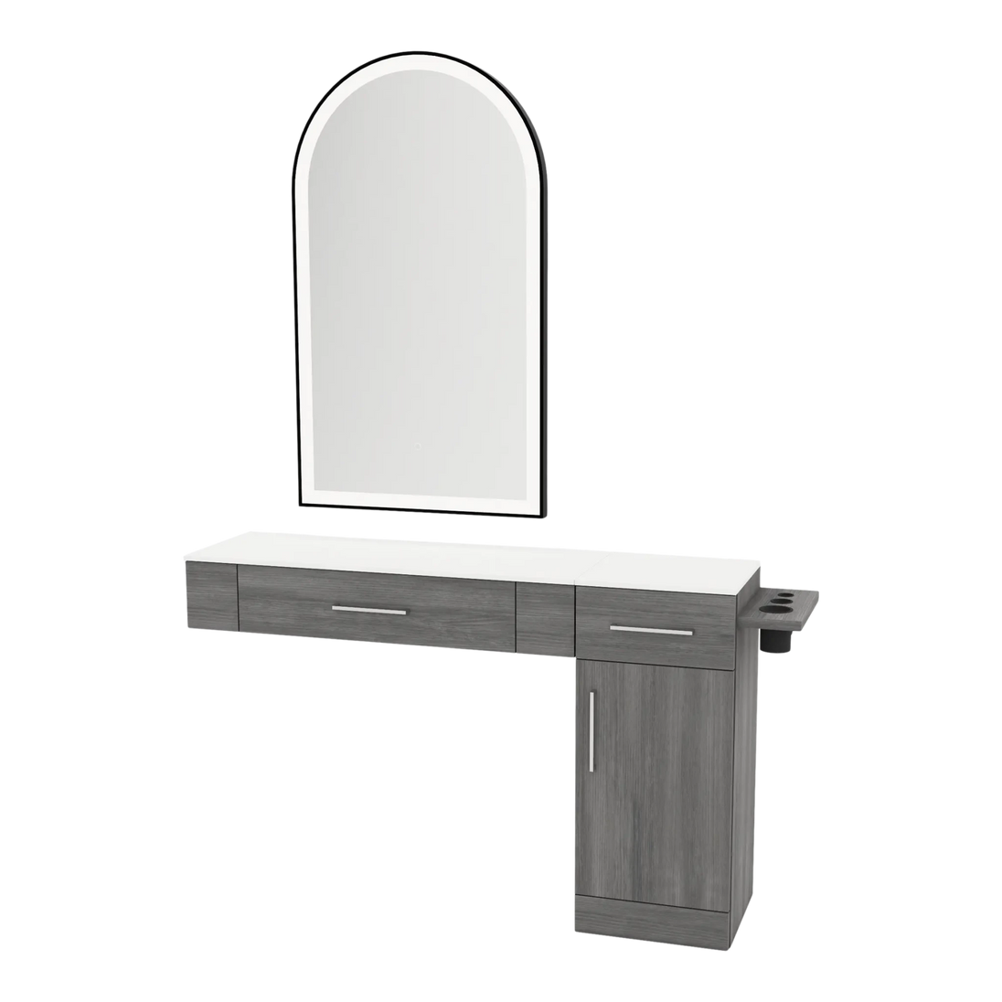 Nova Combo Wall Mount Styling Station with Side-Mount Appliance Holder, Solid Surface Countertop, and Black Arch Paloma Mirror - Kaemark