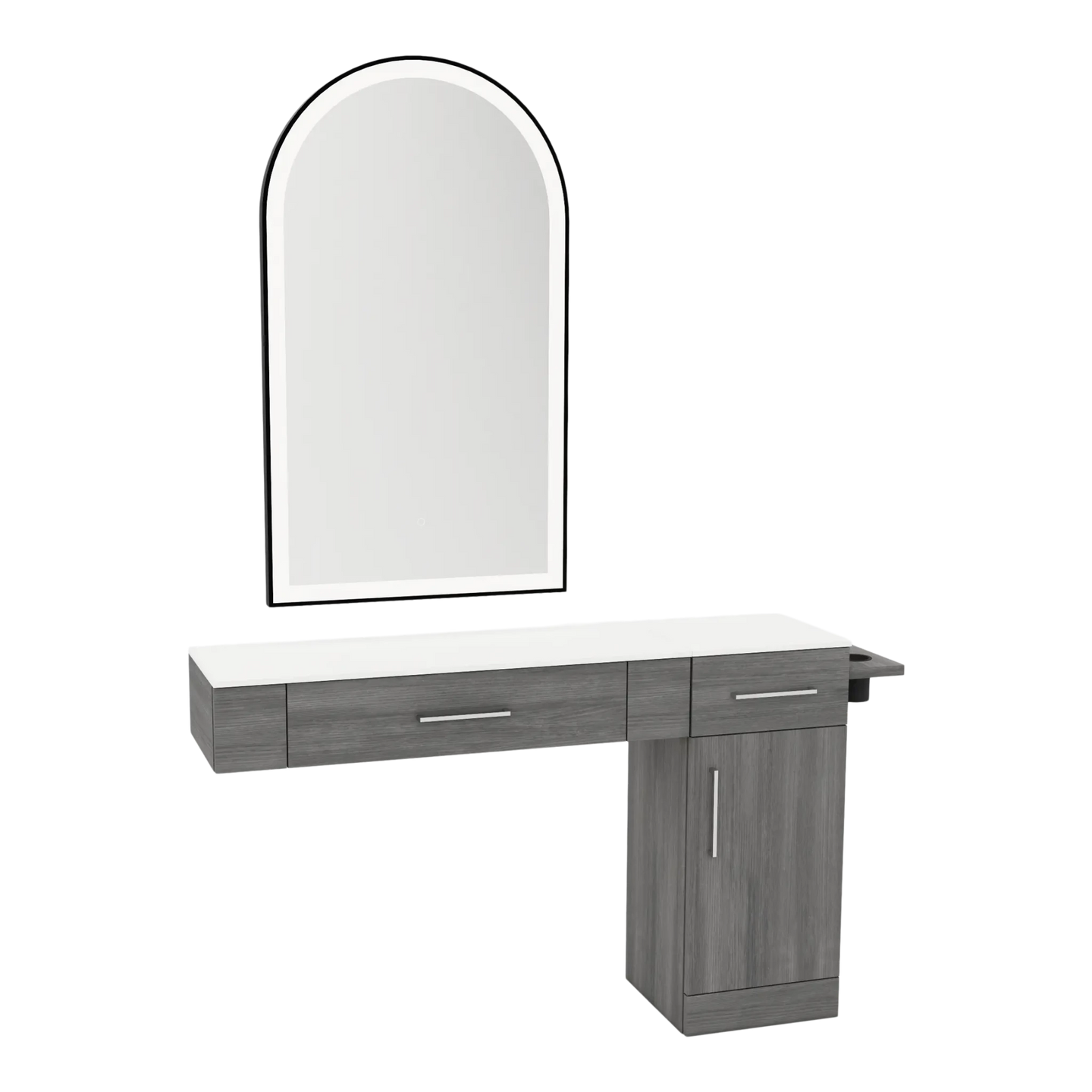 Nova Combo Wall Mount Styling Station with Side-Mount Appliance Holder, Solid Surface Countertop, and Black Arch Paloma Mirror - Kaemark