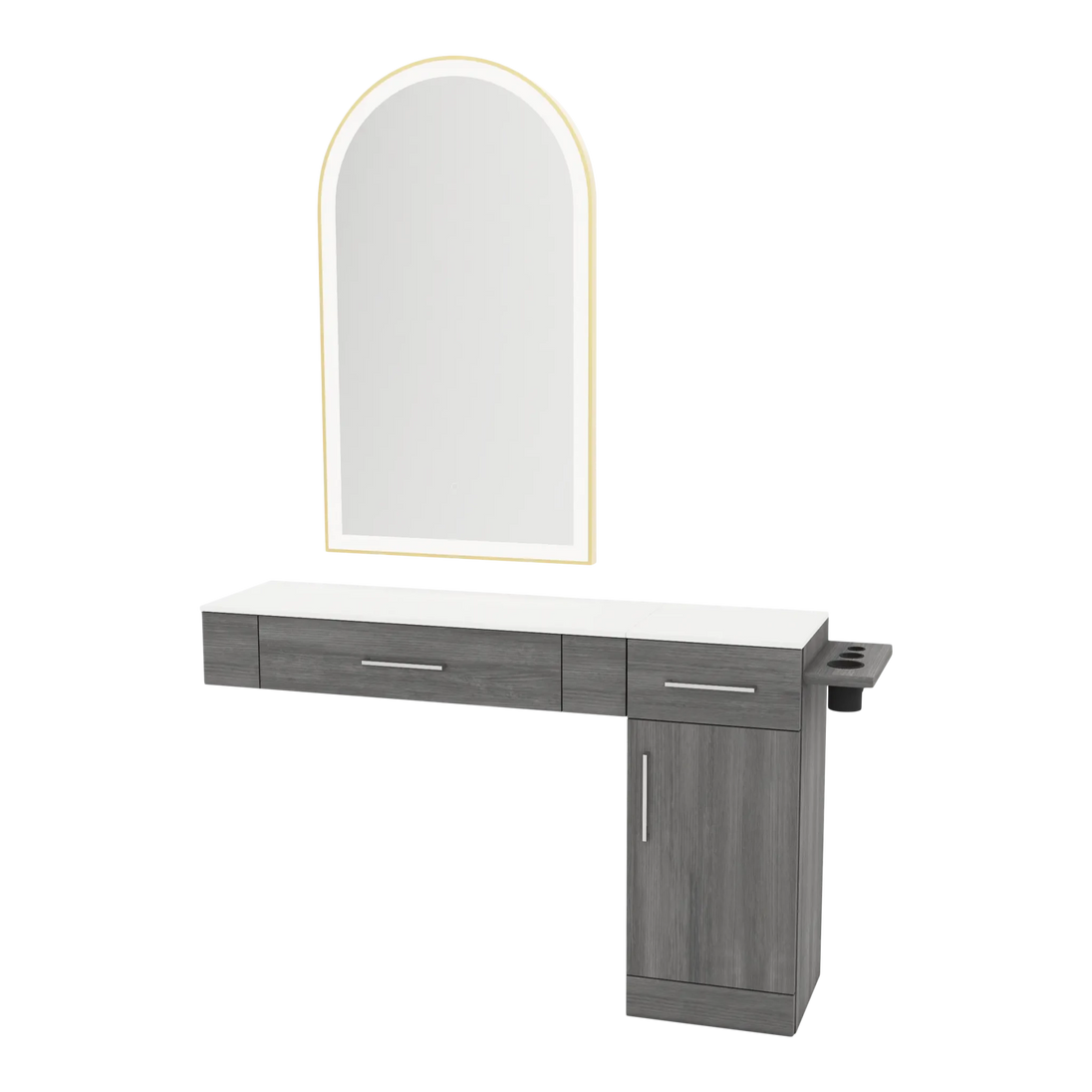 Nova Combo Wall Mount Styling Station with Side-Mount Appliance Holder, Solid Surface Countertop, and Gold Arch Paloma Mirror - Kaemark