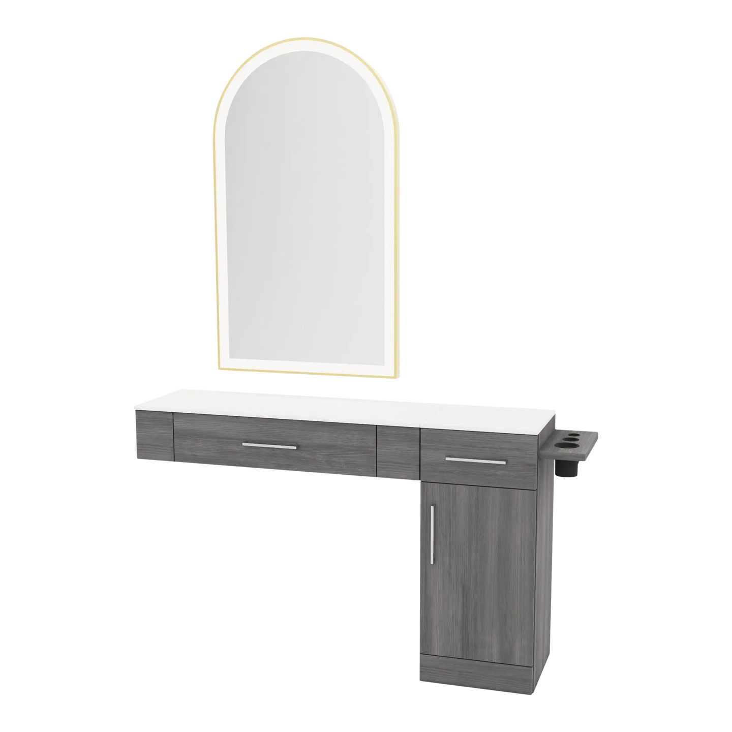 Nova Combo Wall Mount Styling Station with Side-Mount Appliance Holder, Solid Surface Countertop, and Gold Arch Paloma Mirror - Kaemark