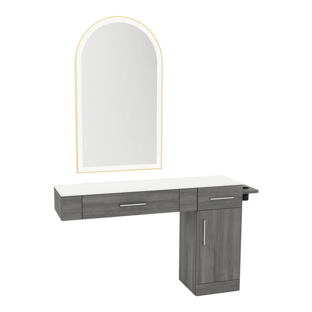 Nova Combo Wall Mount Styling Station with Side-Mount Appliance Holder, Solid Surface Countertop, and Gold Arch Paloma Mirror - Kaemark