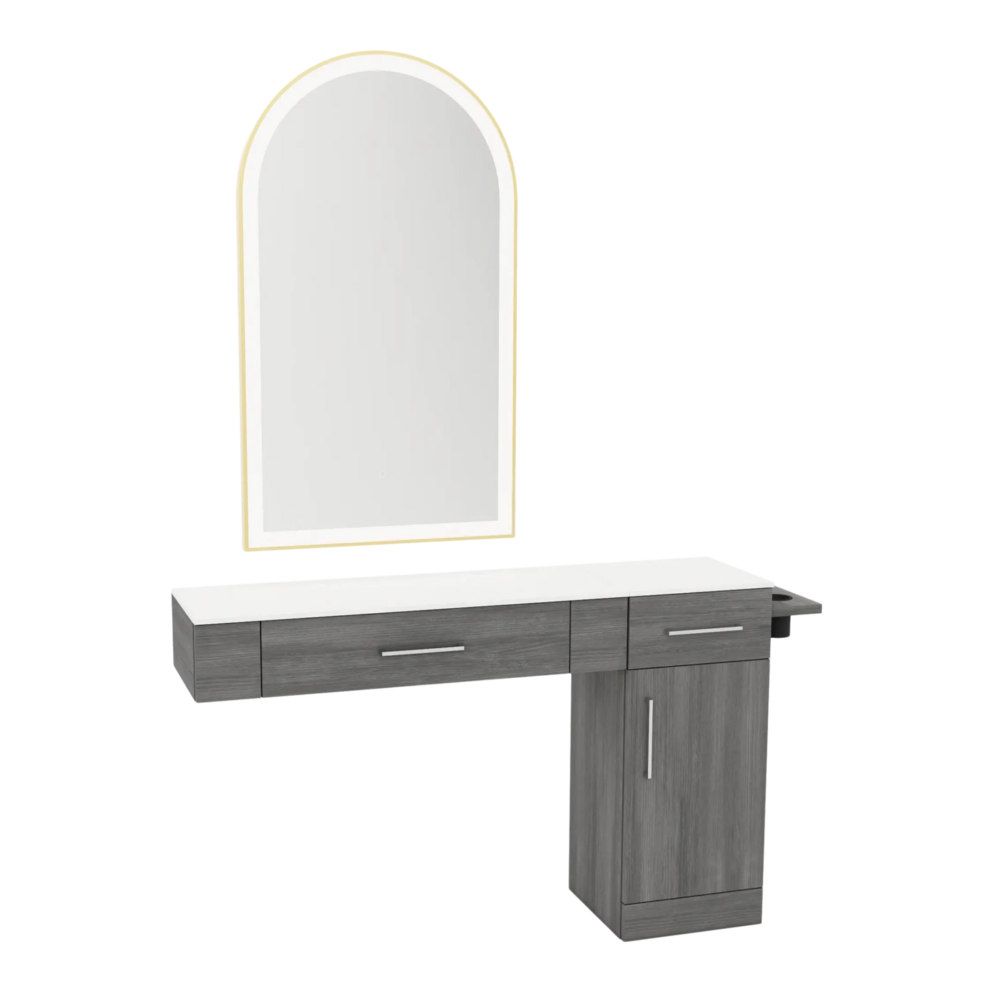 Nova Combo Wall Mount Styling Station with Side-Mount Appliance Holder, Solid Surface Countertop, and Gold Arch Paloma Mirror - Kaemark