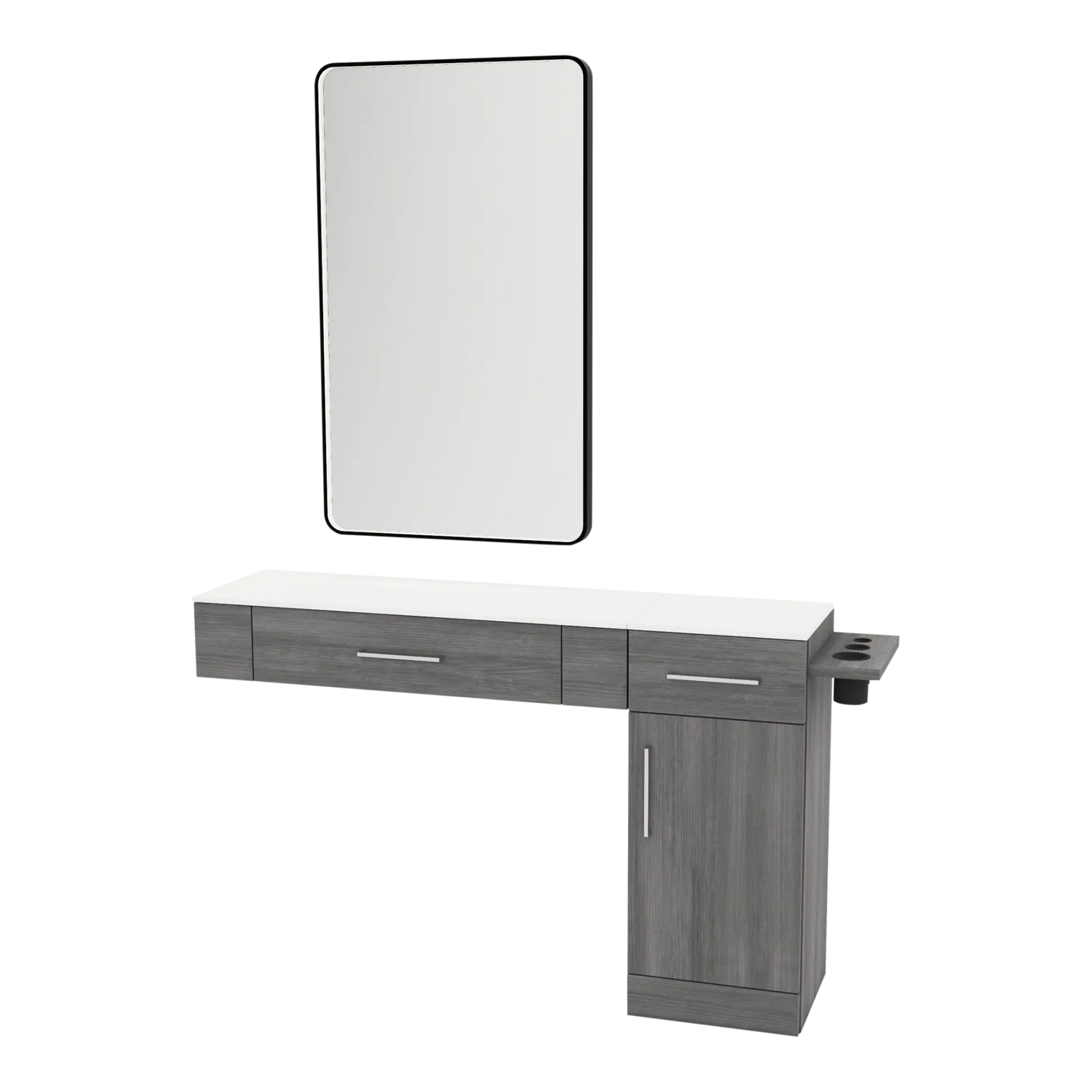 Nova Combo Wall Mount Styling Station with Side-Mount Appliance Holder, Solid Surface Countertop, and Black Rectangle Westin Mirror - Kaemark