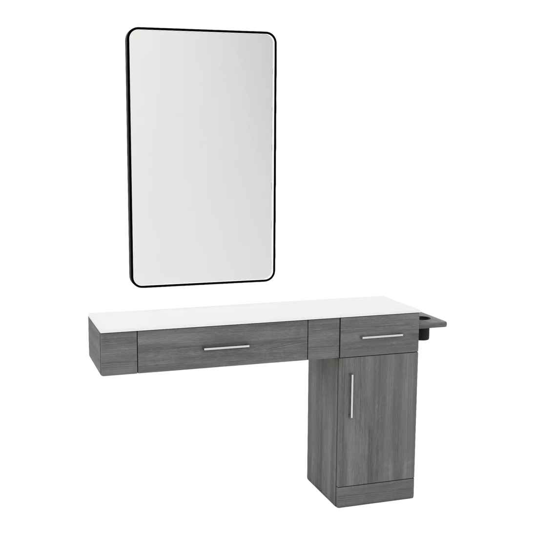 Nova Combo Wall Mount Styling Station with Side-Mount Appliance Holder, Solid Surface Countertop, and Black Rectangle Westin Mirror - Kaemark