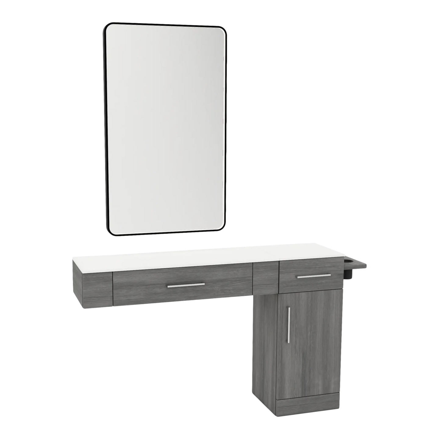 Nova Combo Wall Mount Styling Station with Side-Mount Appliance Holder, Solid Surface Countertop, and Black Rectangle Westin Mirror - Kaemark