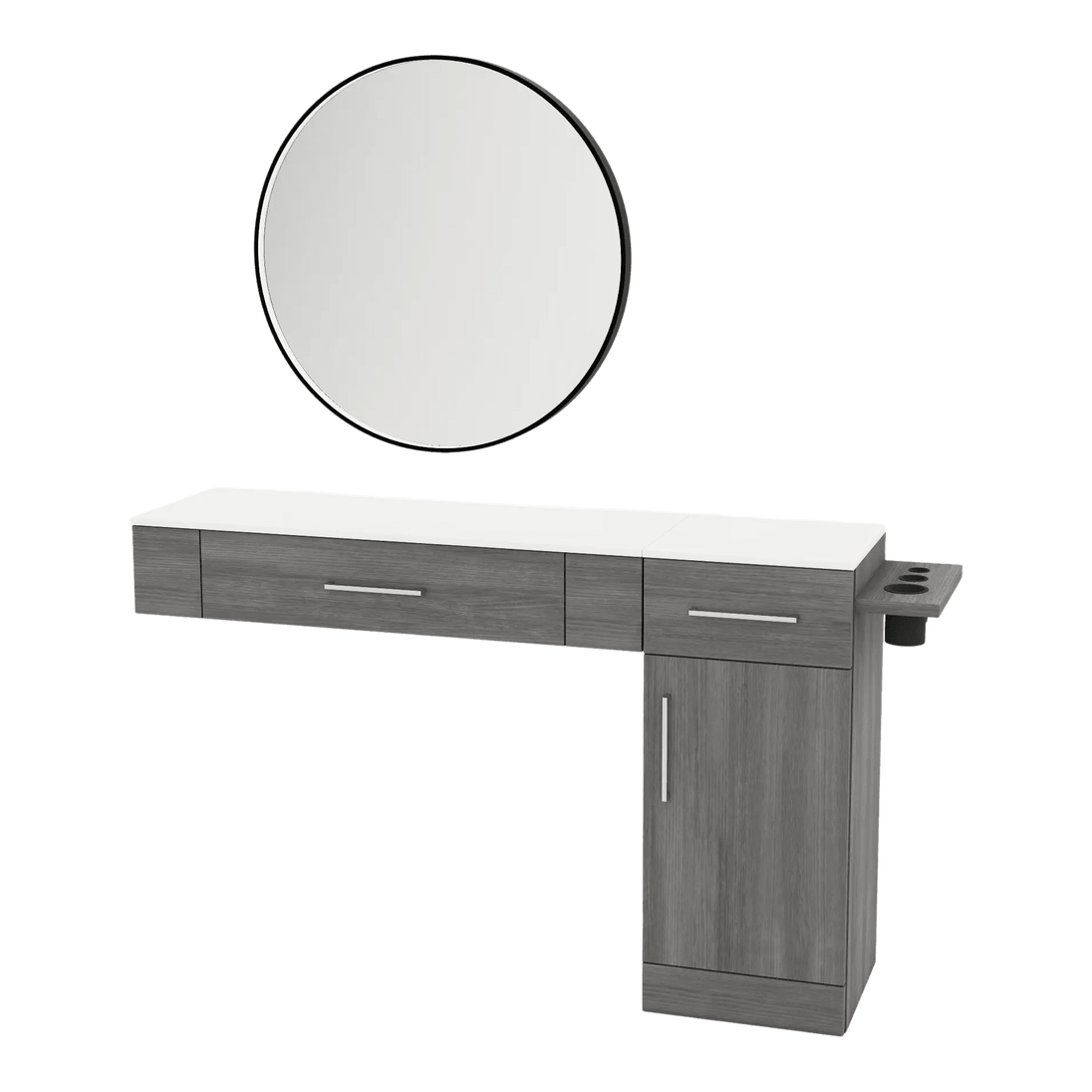 Nova Combo Wall Mount Styling Station with Side-Mount Appliance Holder, Solid Surface Countertop, and Black Round Westin Mirror - Kaemark