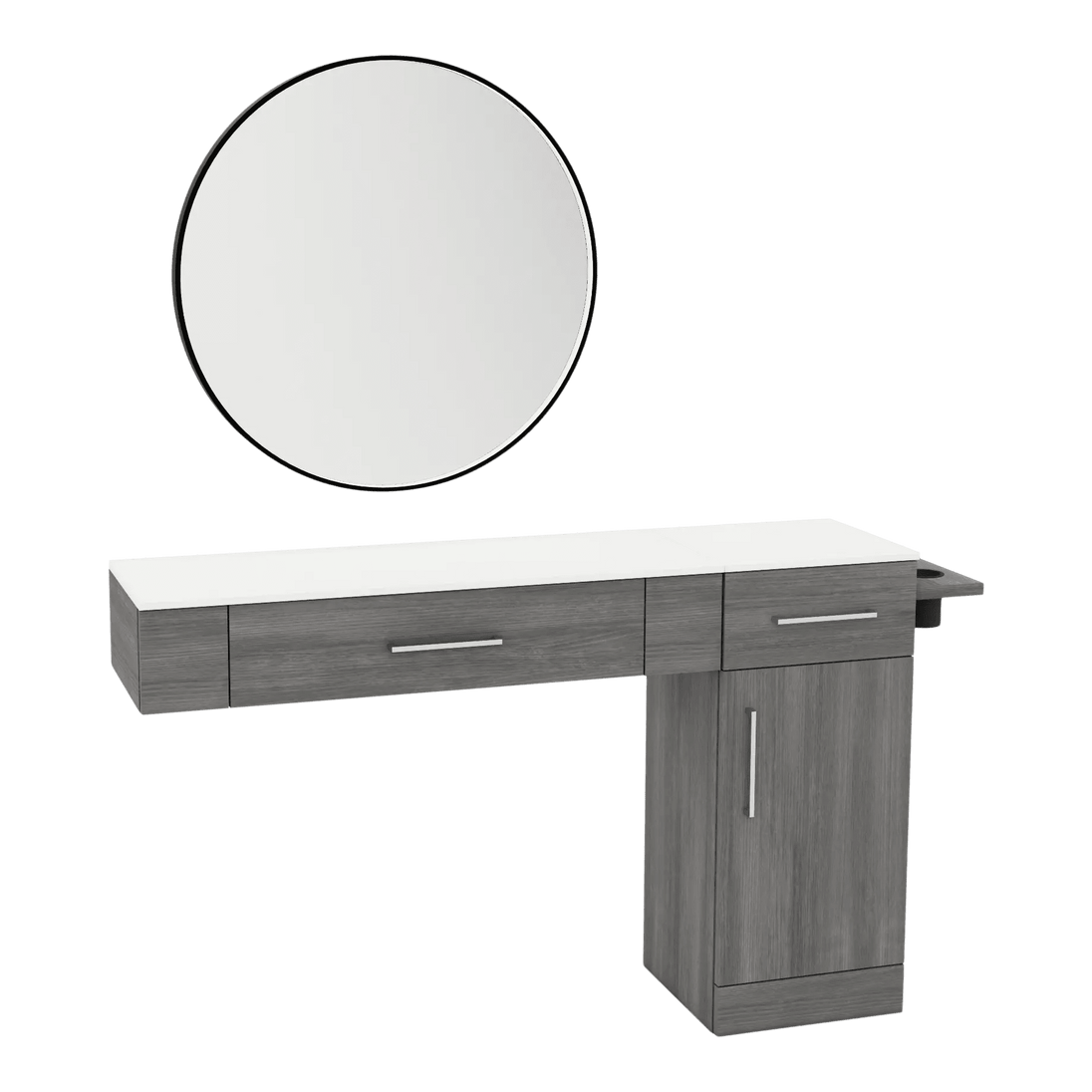 Nova Combo Wall Mount Styling Station with Side-Mount Appliance Holder, Solid Surface Countertop, and Black Round Westin Mirror - Kaemark