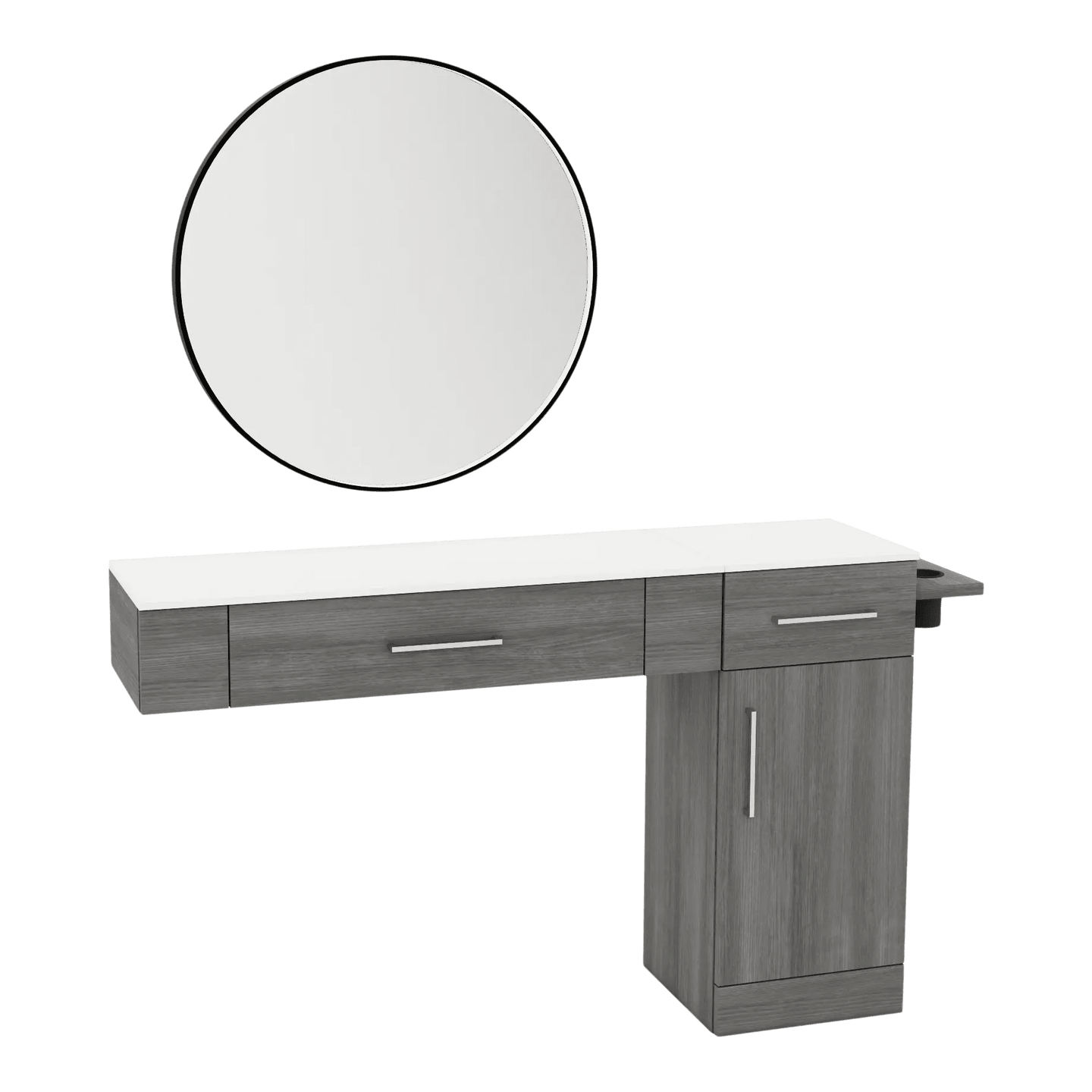 Nova Combo Wall Mount Styling Station with Side-Mount Appliance Holder, Solid Surface Countertop, and Black Round Westin Mirror - Kaemark