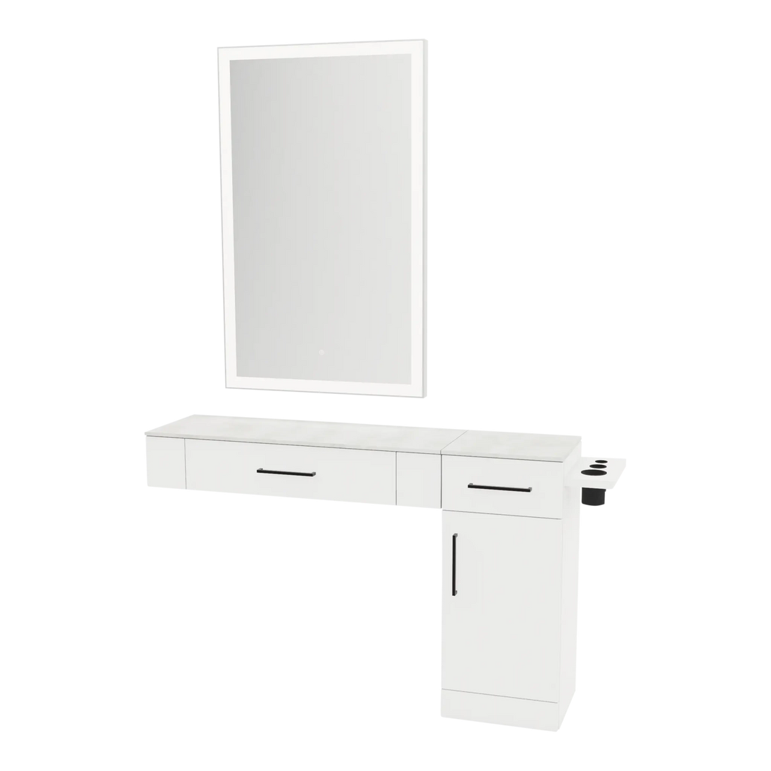 Nova Combo Wall Mount Styling Station with Side-Mount Appliance Holder, Solid Surface Countertop, and Silver Rectangle Glo Mirror - Kaemark