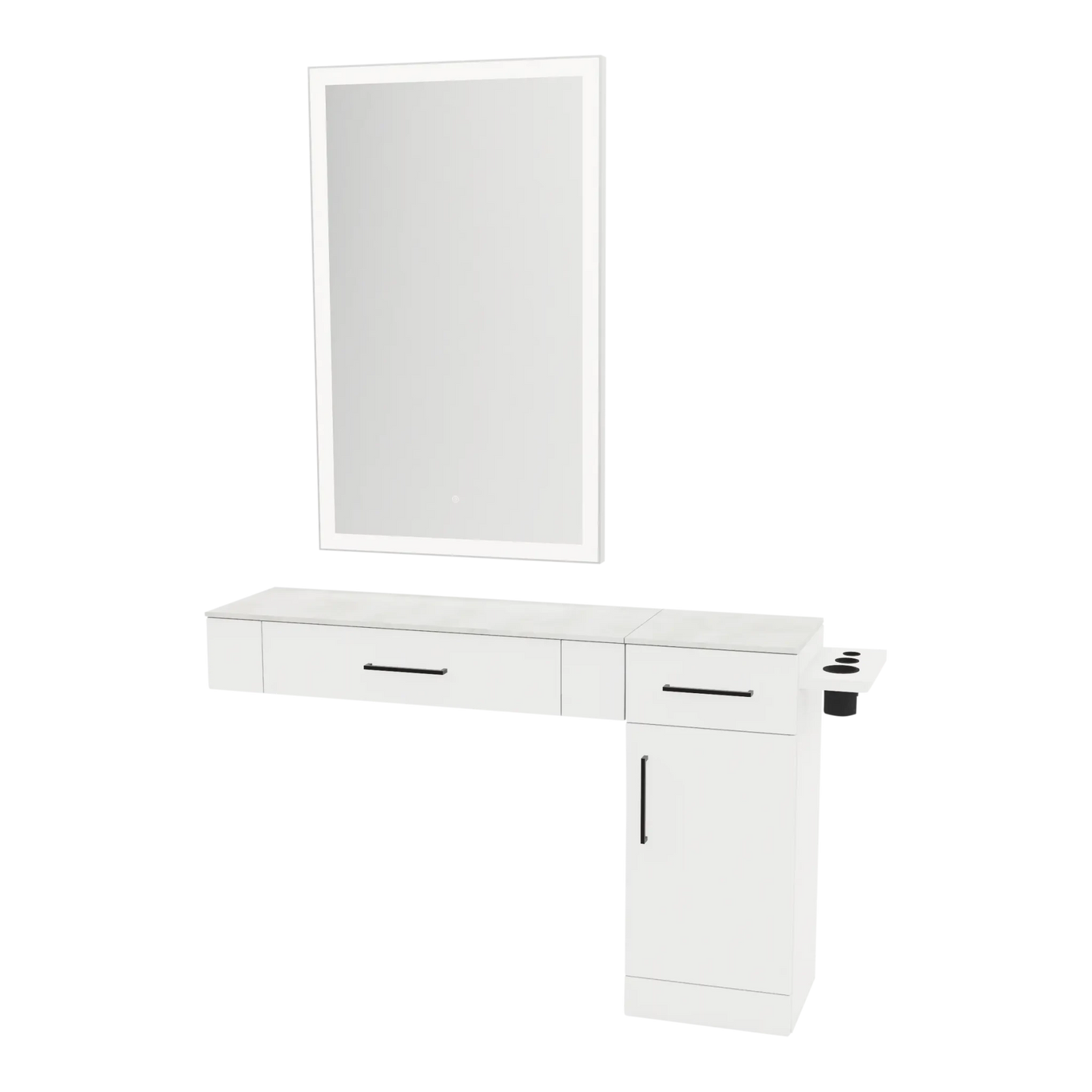 Nova Combo Wall Mount Styling Station with Side-Mount Appliance Holder, Solid Surface Countertop, and Silver Rectangle Glo Mirror - Kaemark
