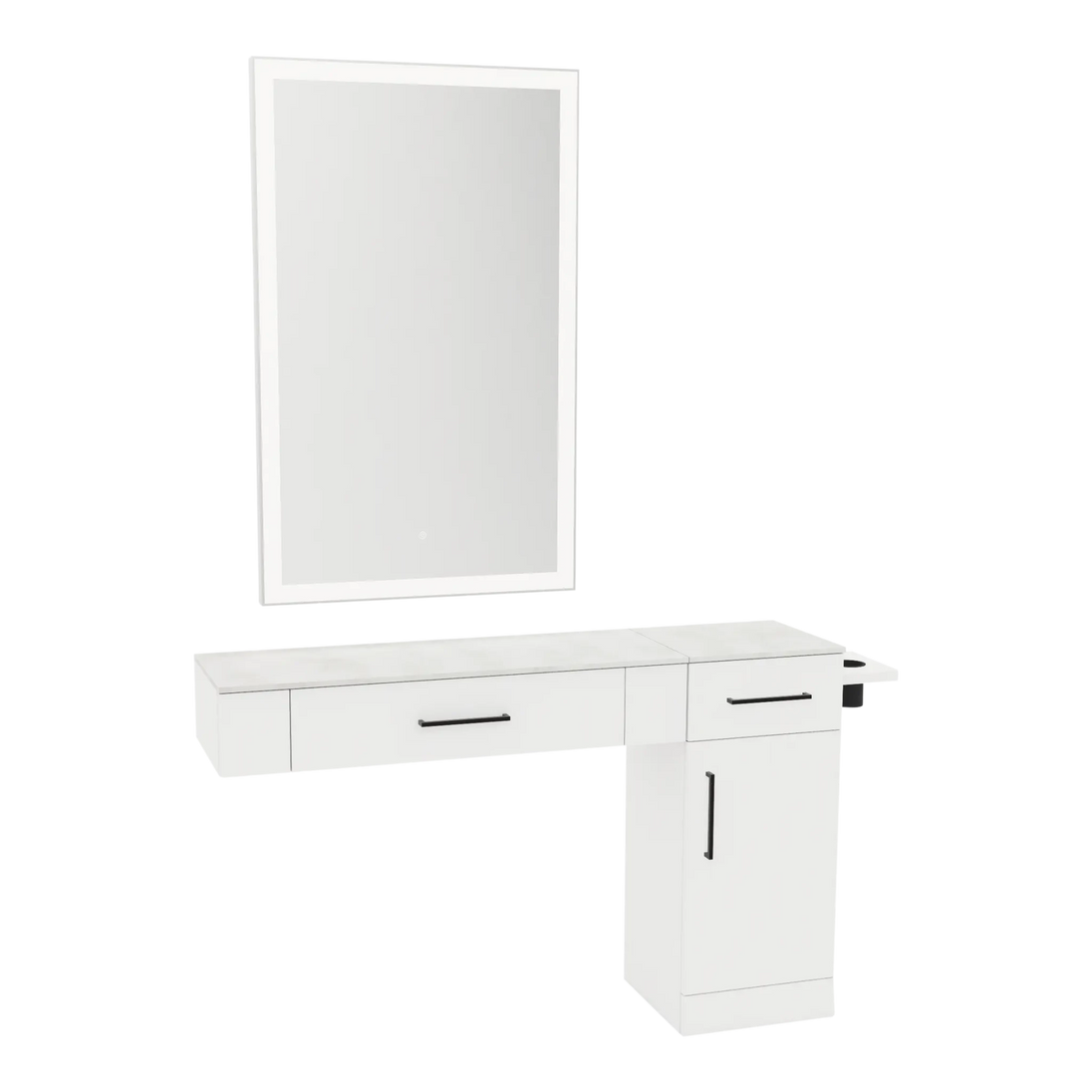 Nova Combo Wall Mount Styling Station with Side-Mount Appliance Holder, Solid Surface Countertop, and Silver Rectangle Glo Mirror - Kaemark