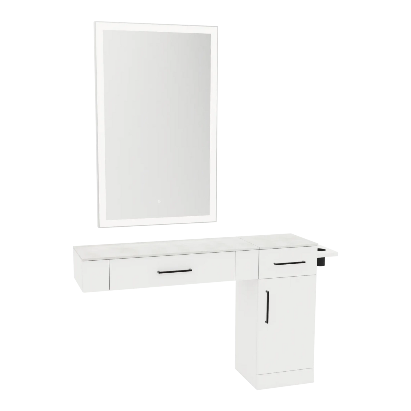 Nova Combo Wall Mount Styling Station with Side-Mount Appliance Holder, Solid Surface Countertop, and Silver Rectangle Glo Mirror - Kaemark