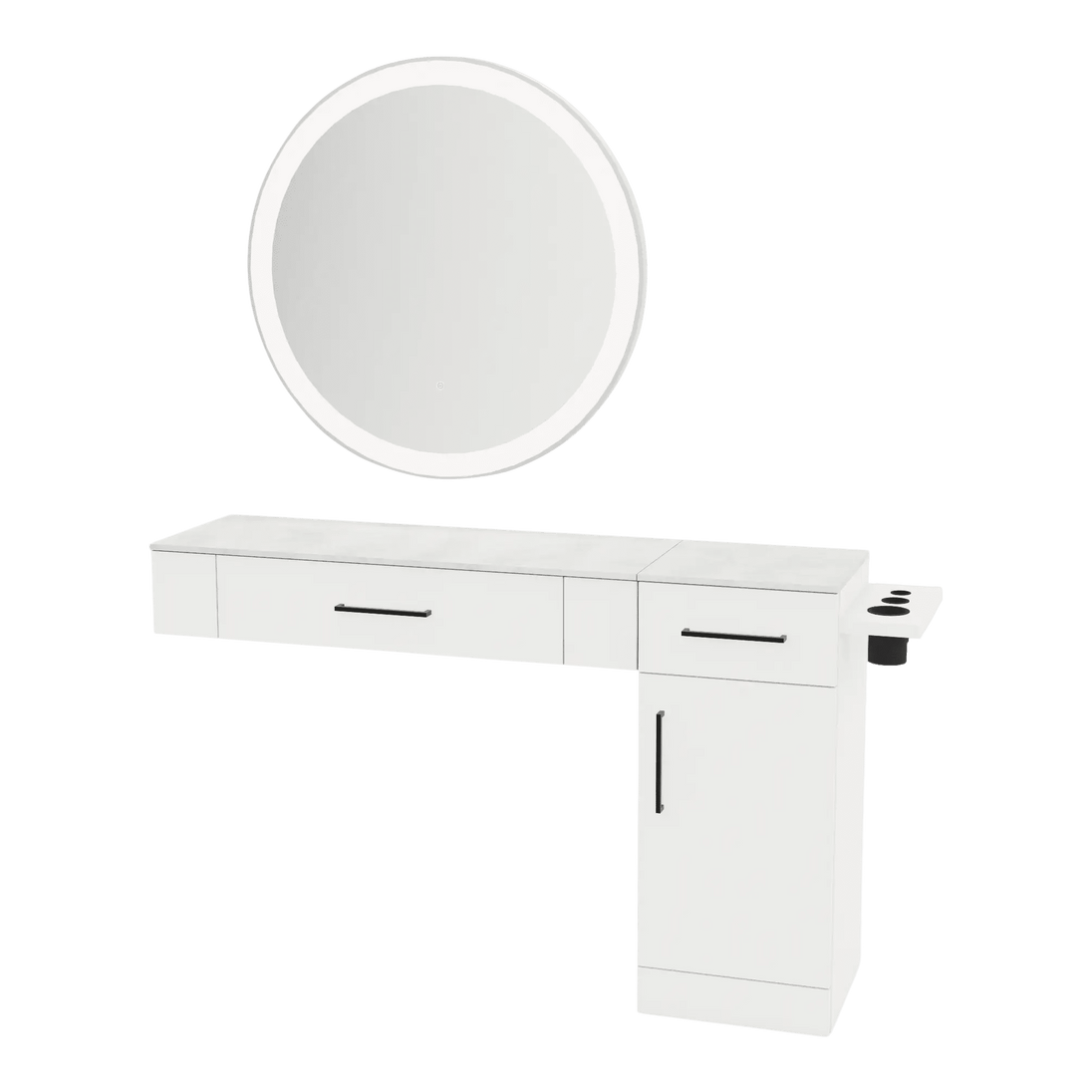 Nova Combo Wall Mount Styling Station with Side-Mount Appliance Holder, Solid Surface Countertop, and Silver Round Glo Mirror - Kaemark