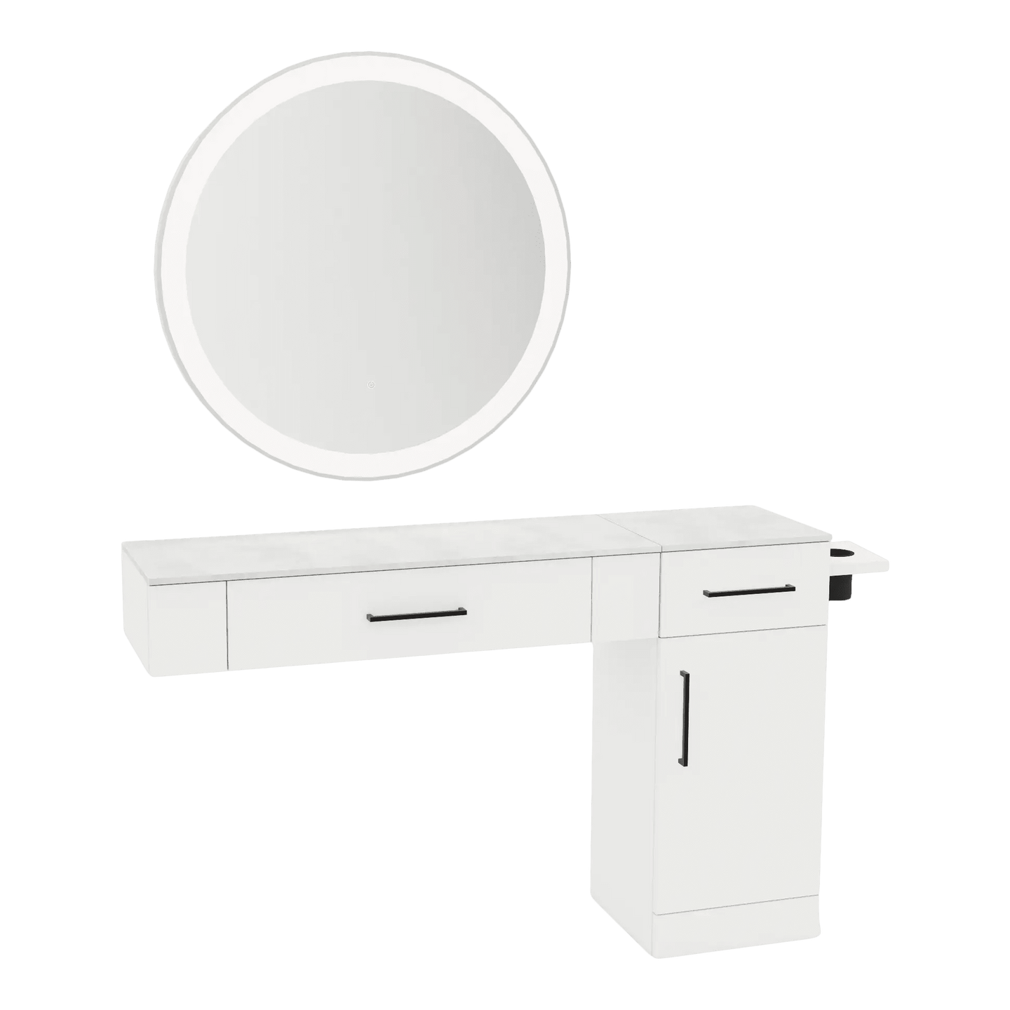 Nova Combo Wall Mount Styling Station with Side-Mount Appliance Holder, Solid Surface Countertop, and Silver Round Glo Mirror - Kaemark