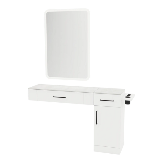 Nova Combo Wall Mount Styling Station with Side-Mount Appliance Holder, Solid Surface Countertop, and White Rectangle Illuminate Back Lit Mirror - Kaemark