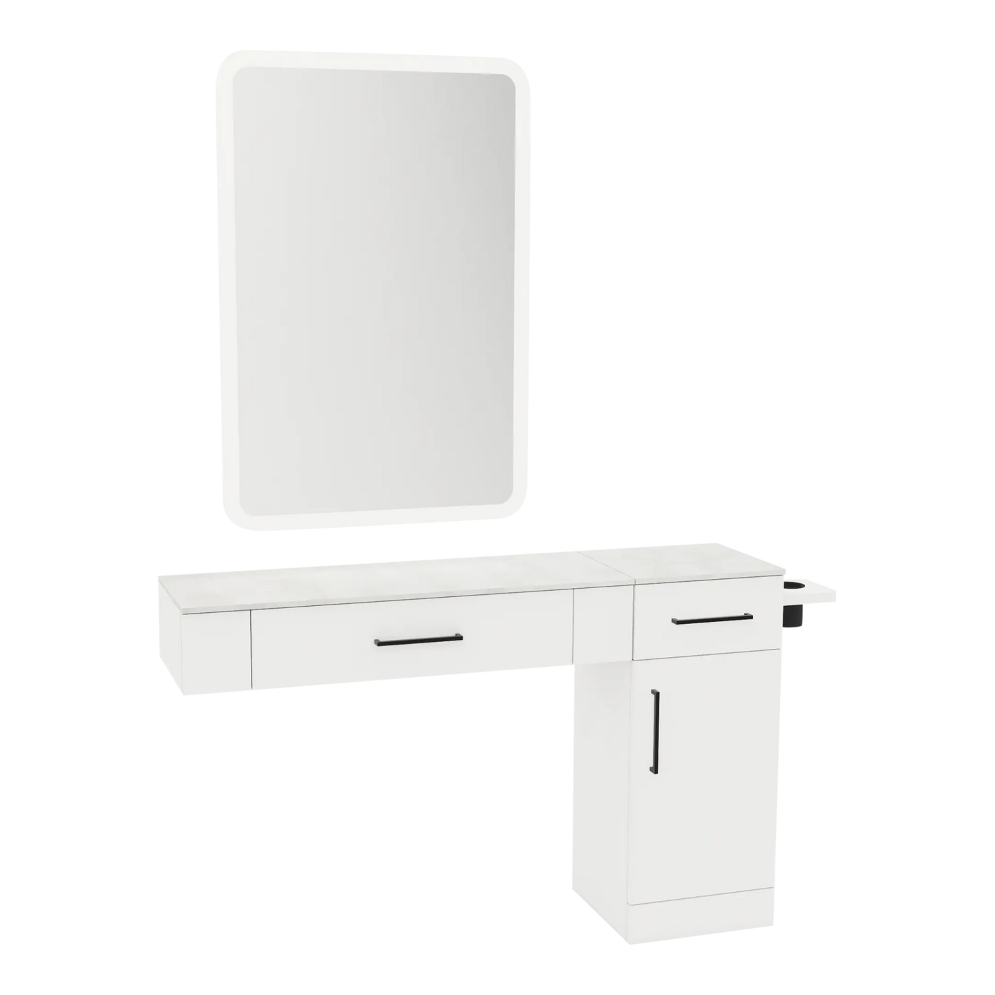 Nova Combo Wall Mount Styling Station with Side-Mount Appliance Holder, Solid Surface Countertop, and White Rectangle Illuminate Back Lit Mirror - Kaemark