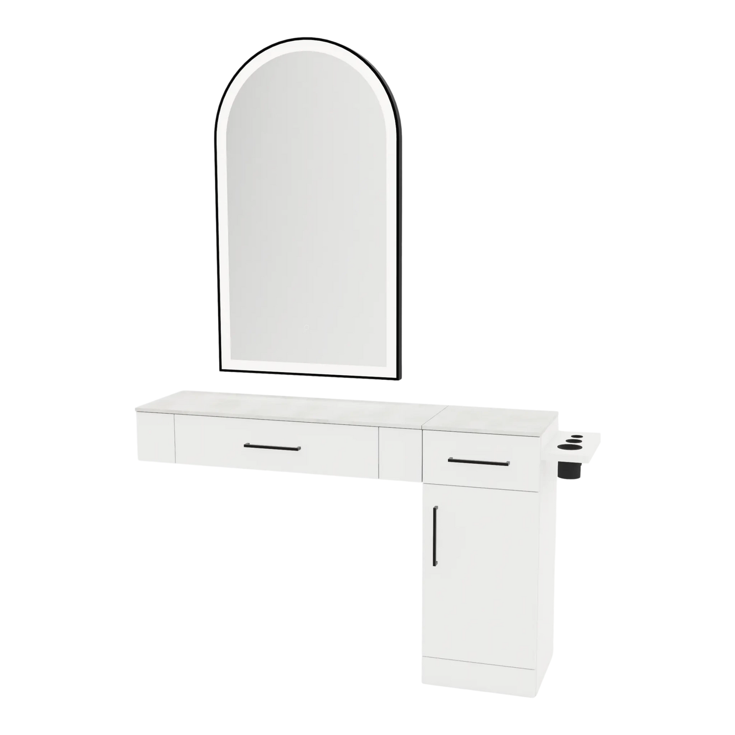 Nova Combo Wall Mount Styling Station with Side-Mount Appliance Holder, Solid Surface Countertop, and Black Arch Paloma Mirror - Kaemark