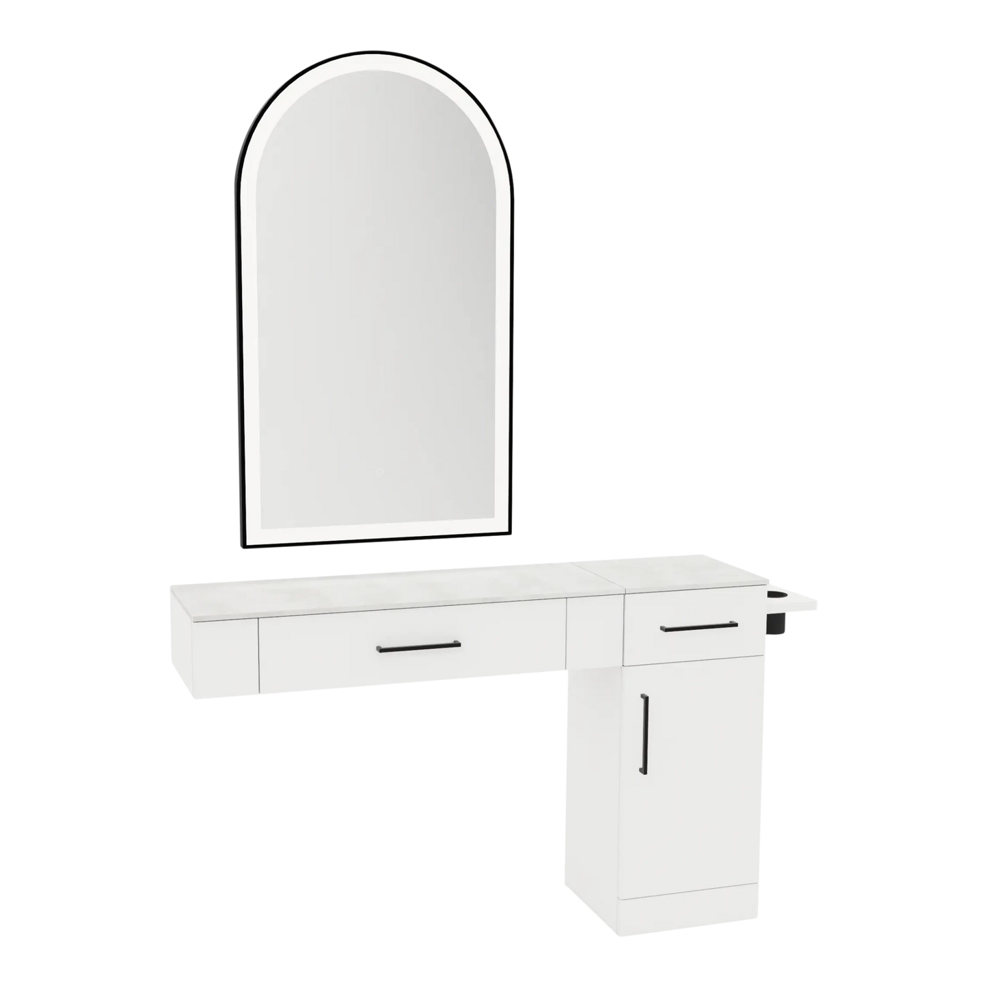 Nova Combo Wall Mount Styling Station with Side-Mount Appliance Holder, Solid Surface Countertop, and Black Arch Paloma Mirror - Kaemark