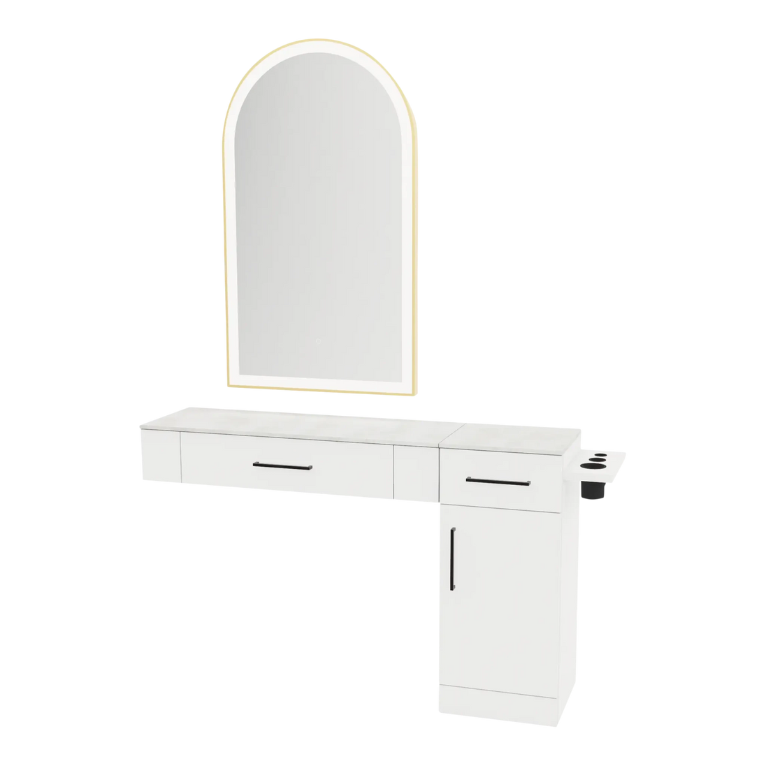 Nova Combo Wall Mount Styling Station with Side-Mount Appliance Holder, Solid Surface Countertop, and Gold Arch Paloma Mirror - Kaemark